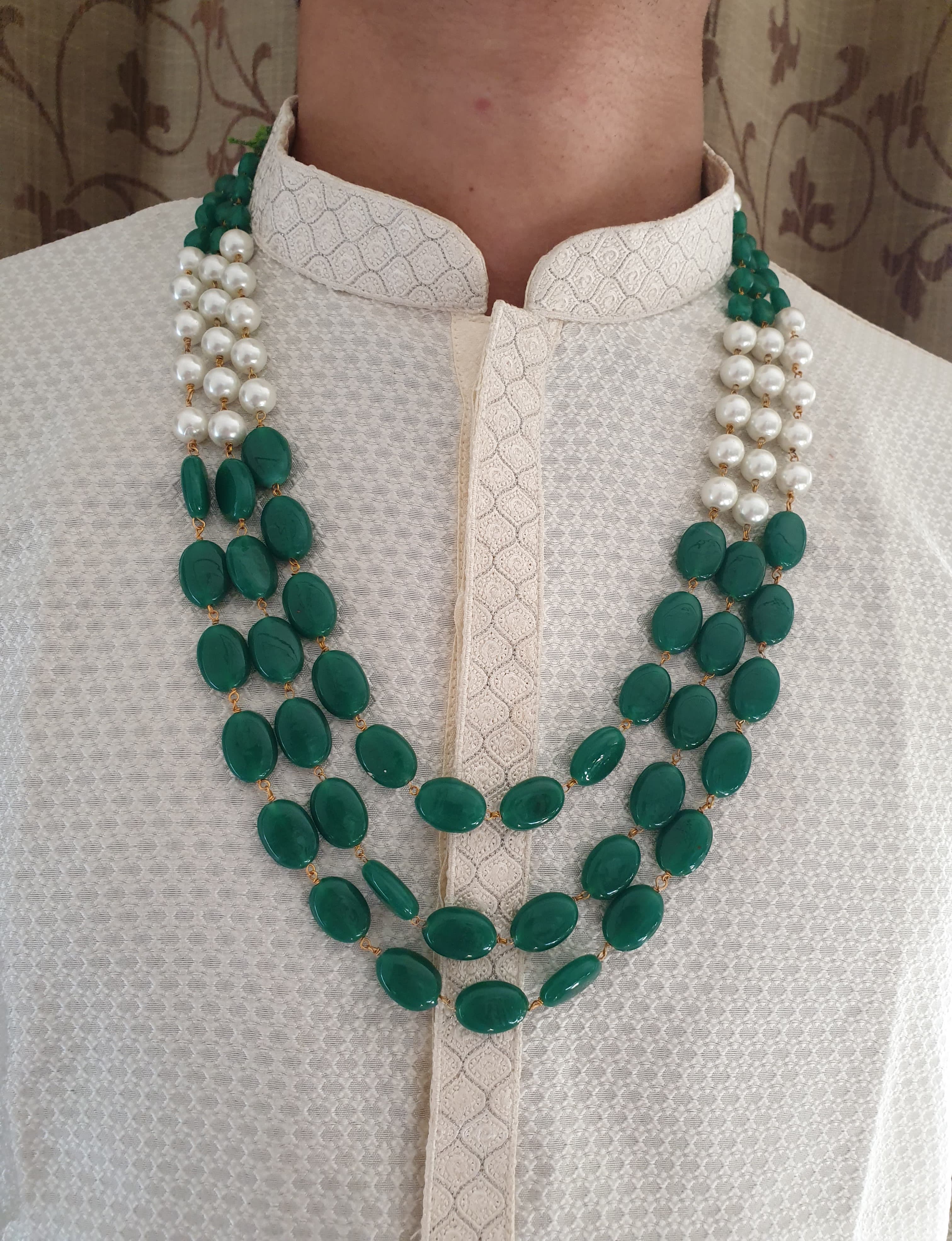 Three Layered Green and Pearl Beads Groom Necklace