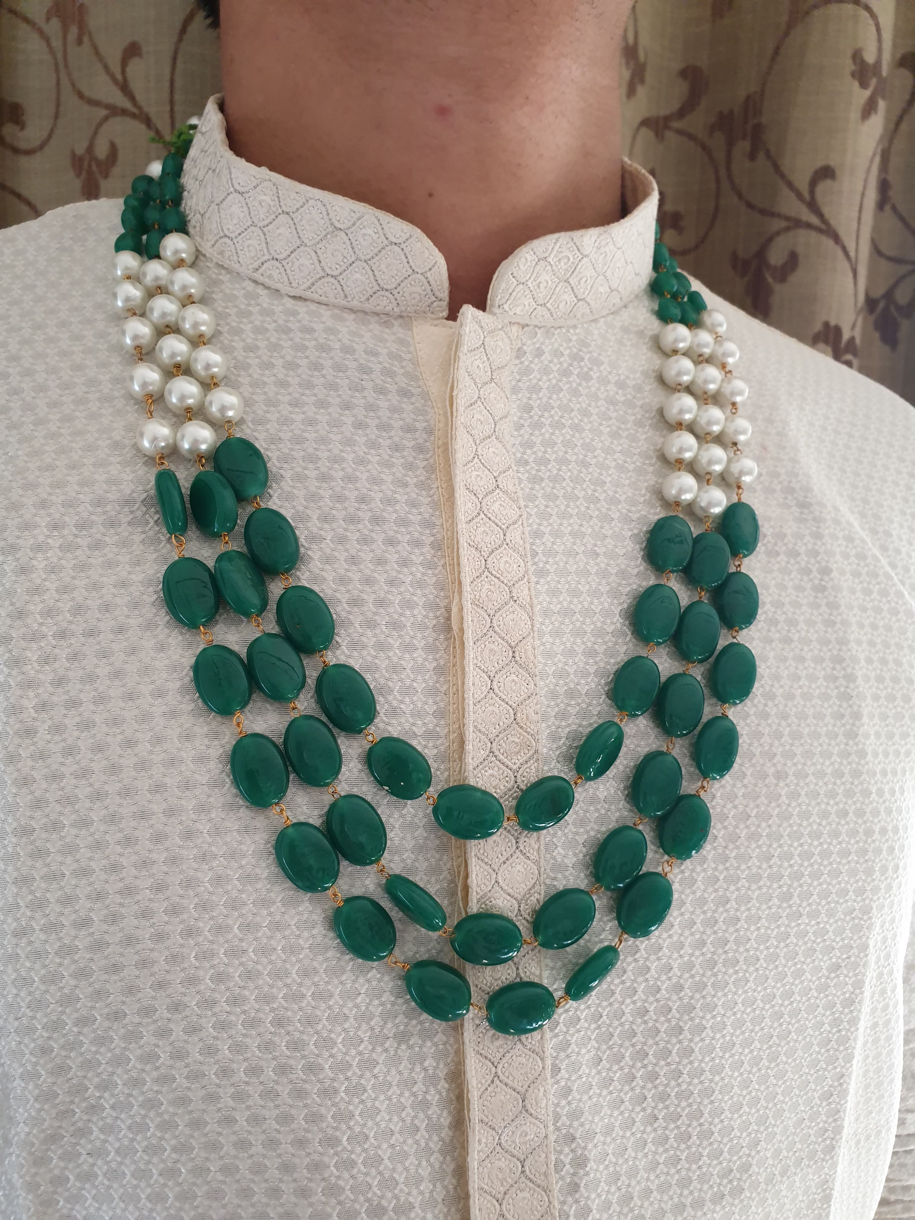 Green Beaded Pearl Three Layered Groom Necklace