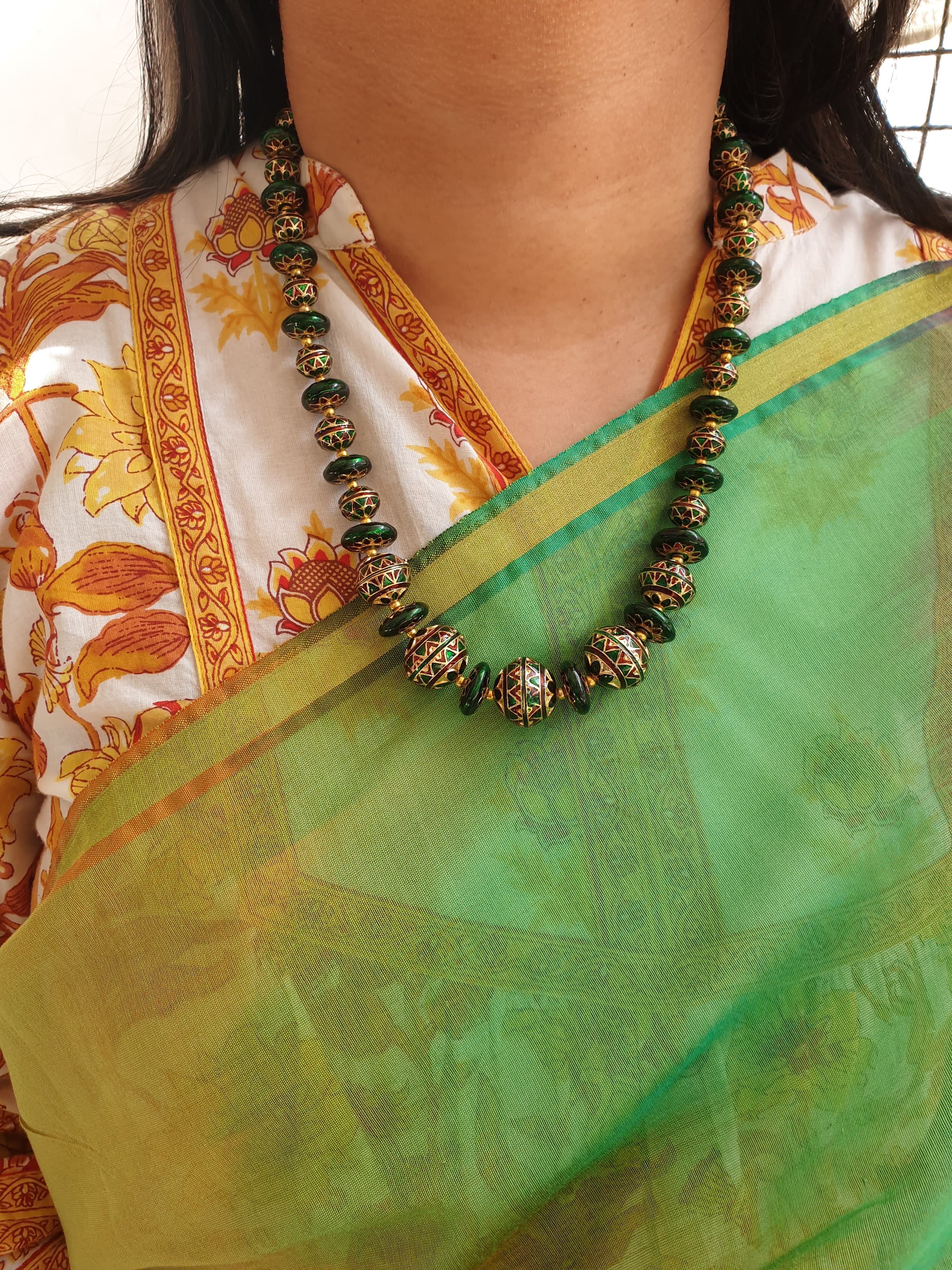 Green Meenakari Beaded Necklace with Earrings