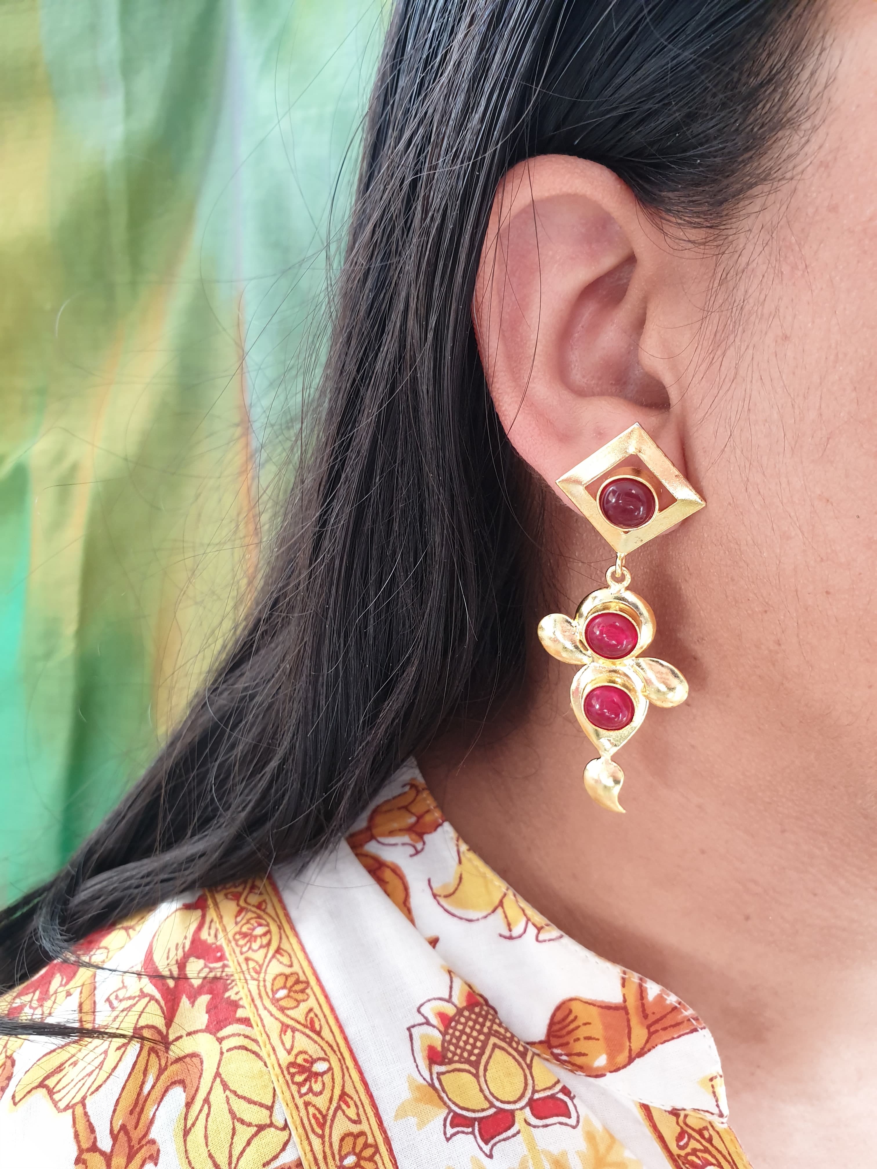 Red Stone Gold Matte Long Earrings