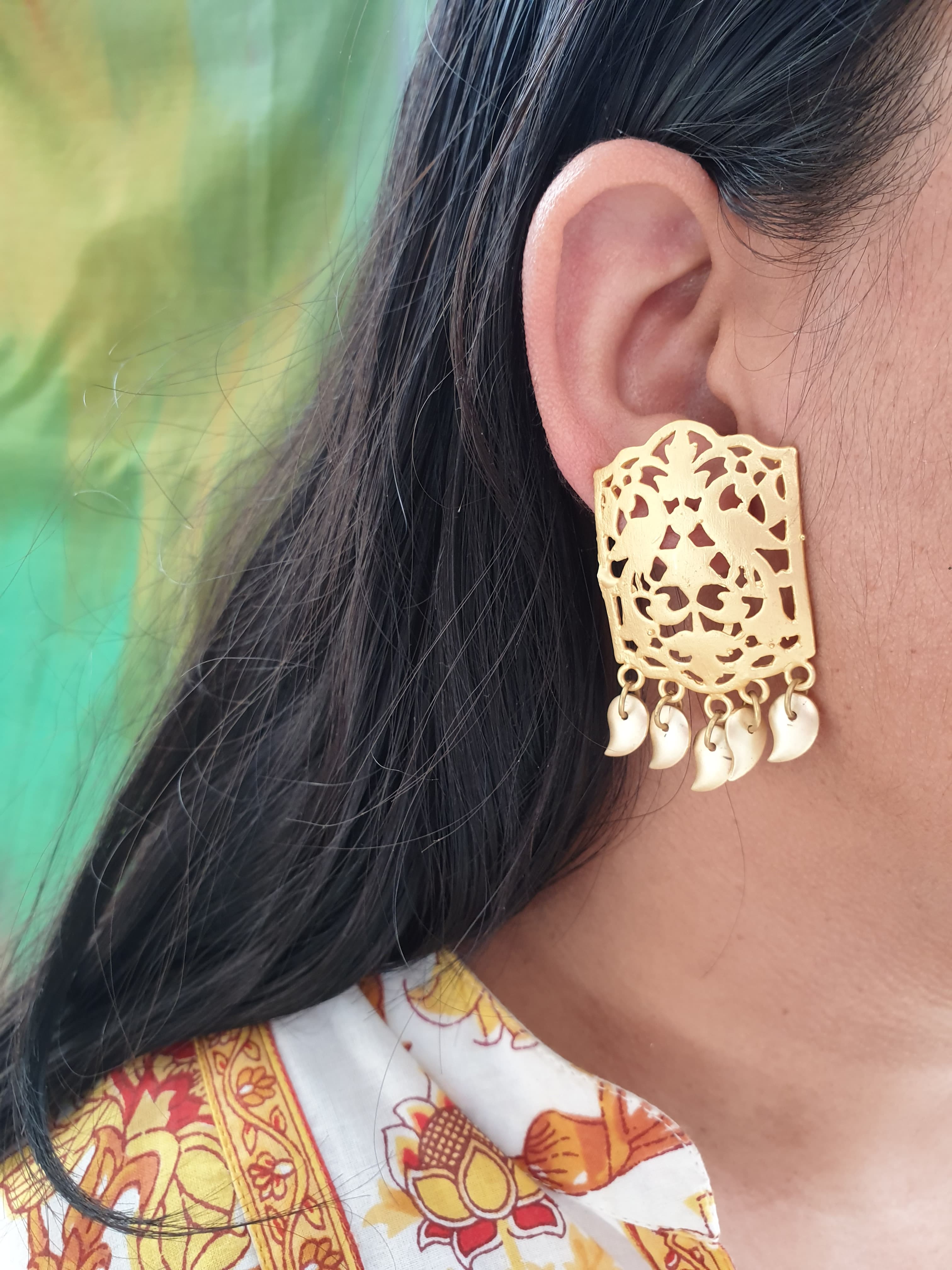 Peacock Filigree Gold Matte Stud Earrings