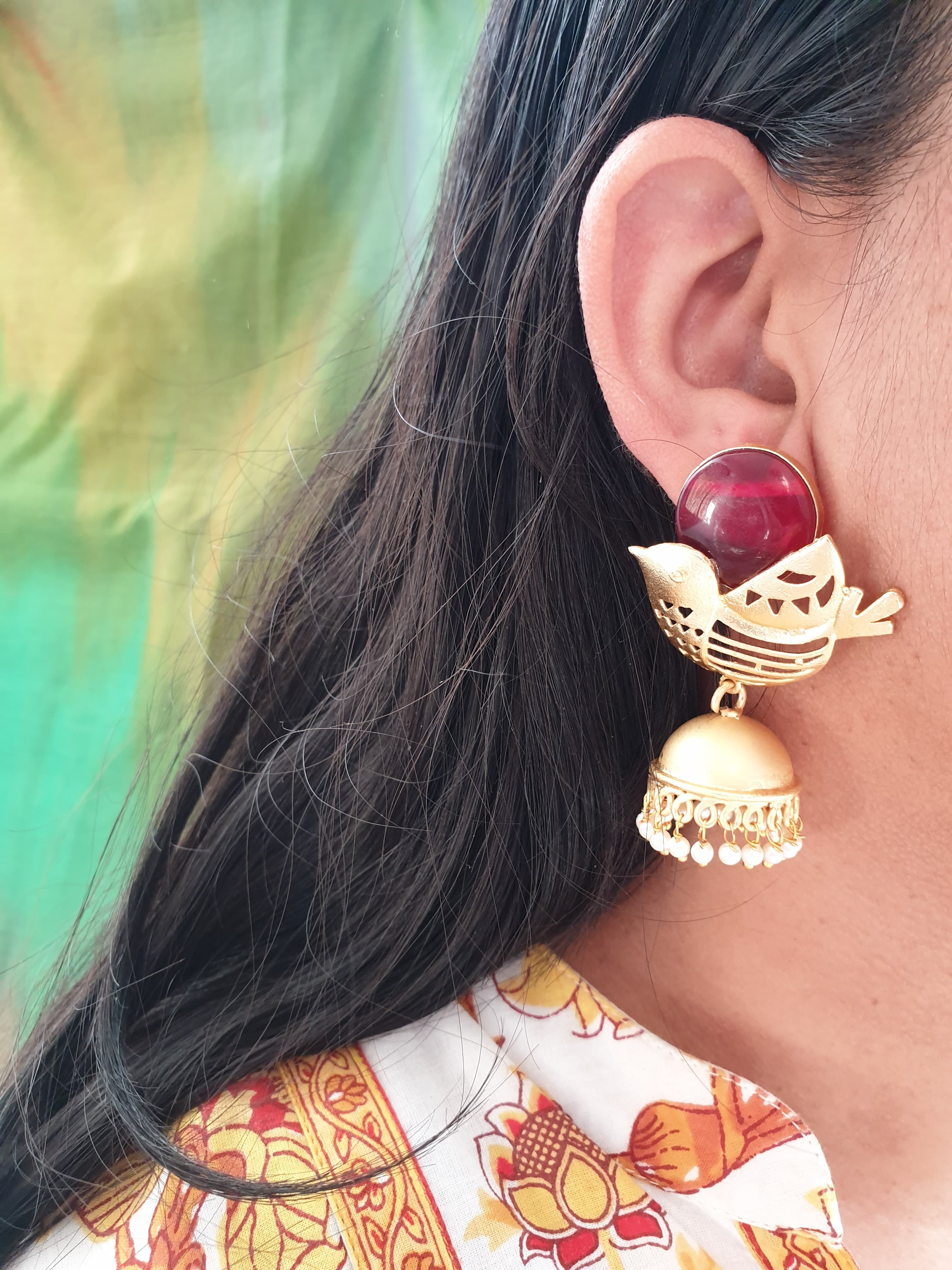 Red Stone Bird Gold Matte Jhumki Earrings