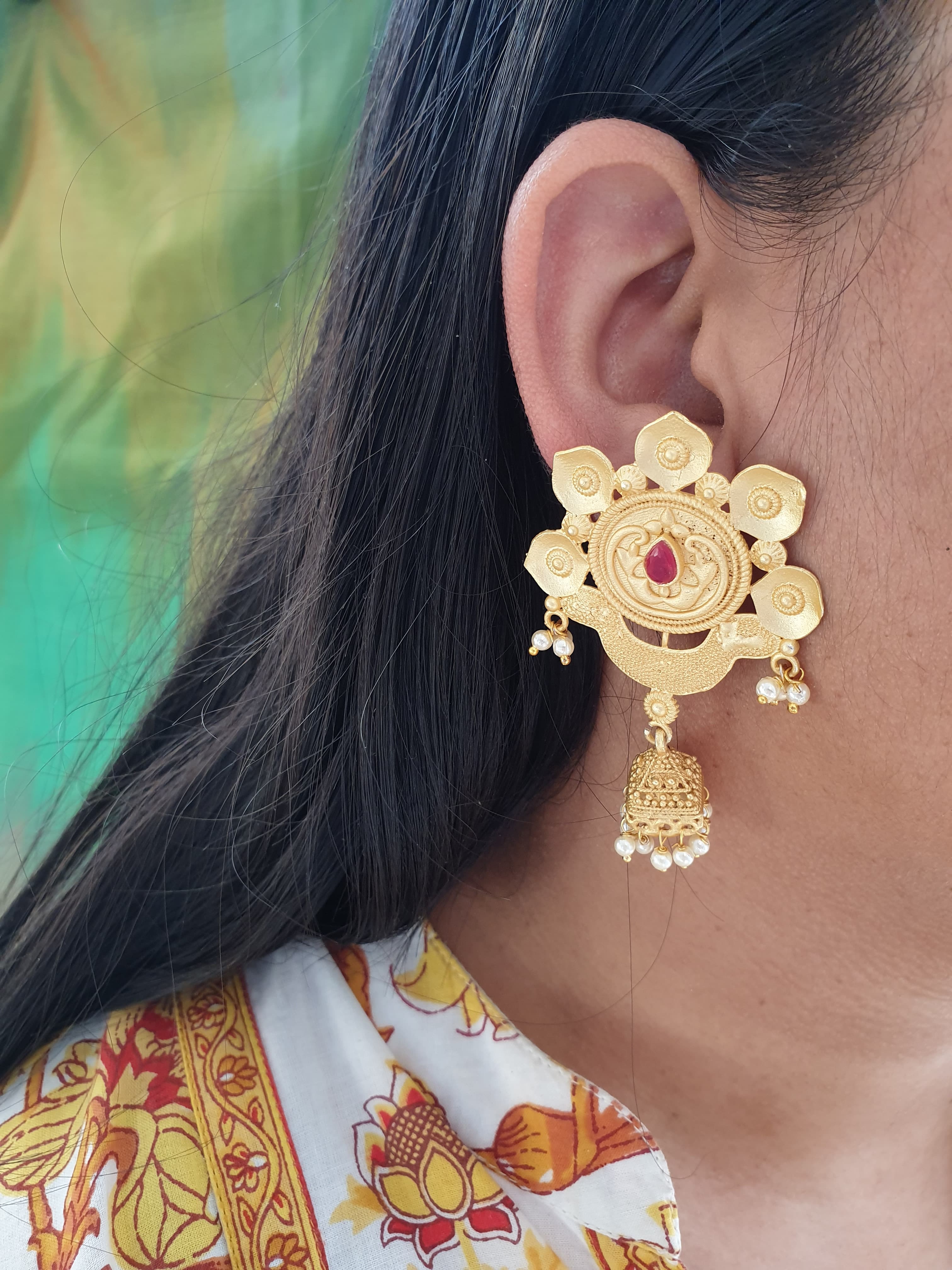 Red Stone Gold Matte Jhumki Earrings