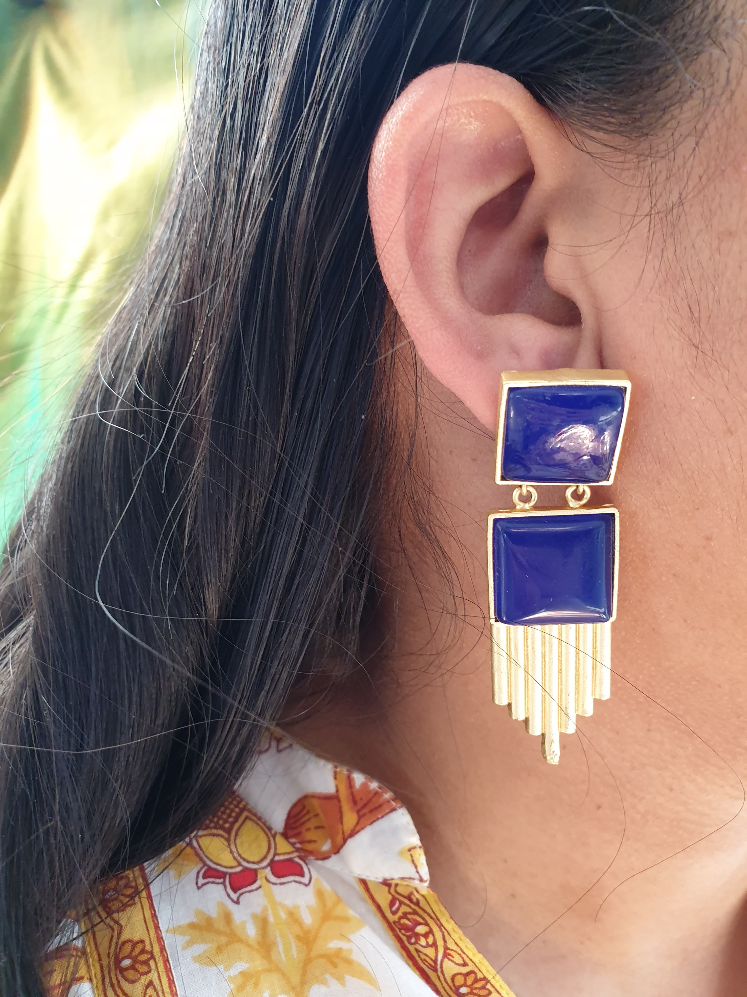 Dark Blue Stone Gold Matte Earrings