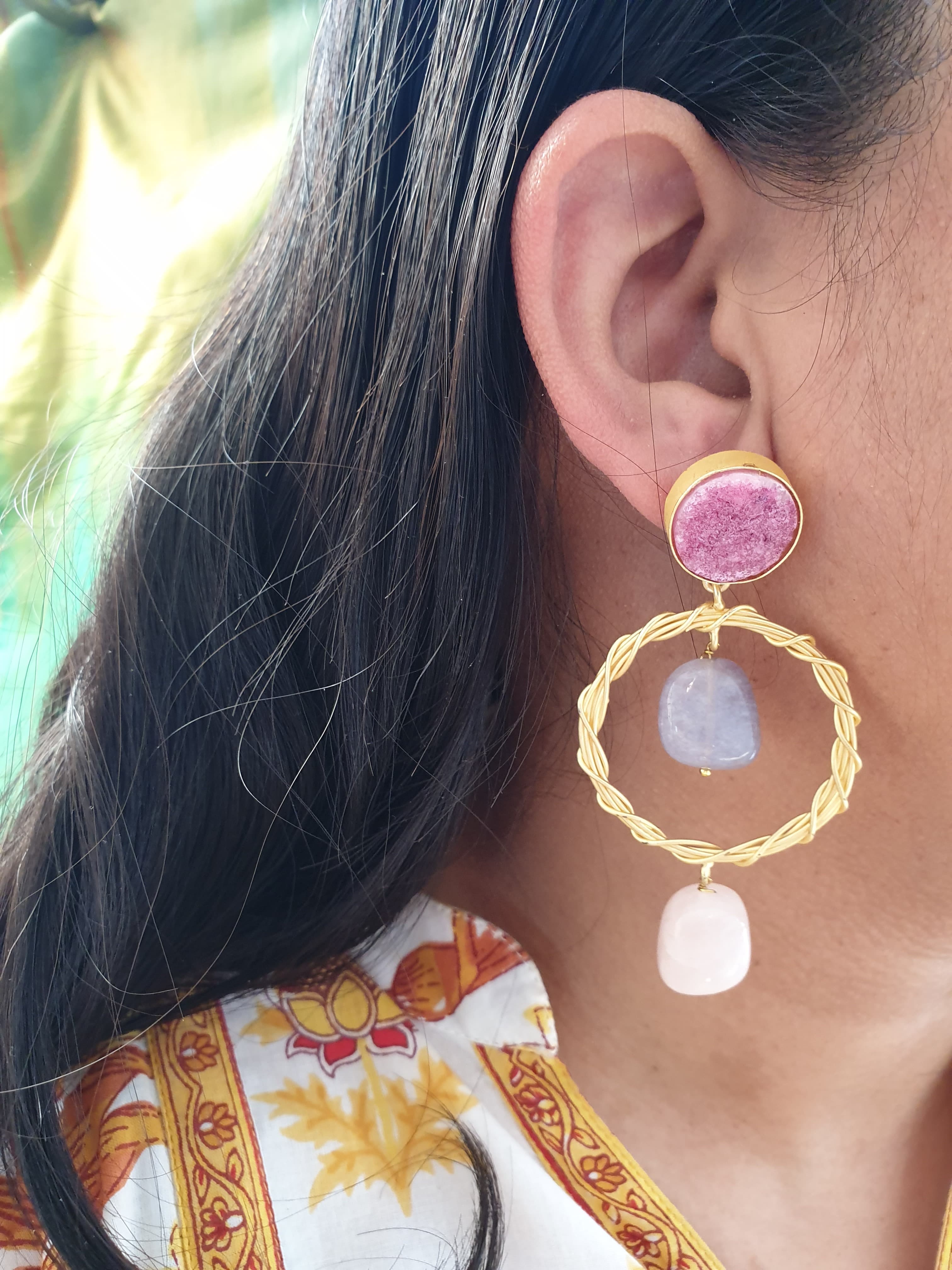 Pink Druzy Stone Gold Matte Earrings