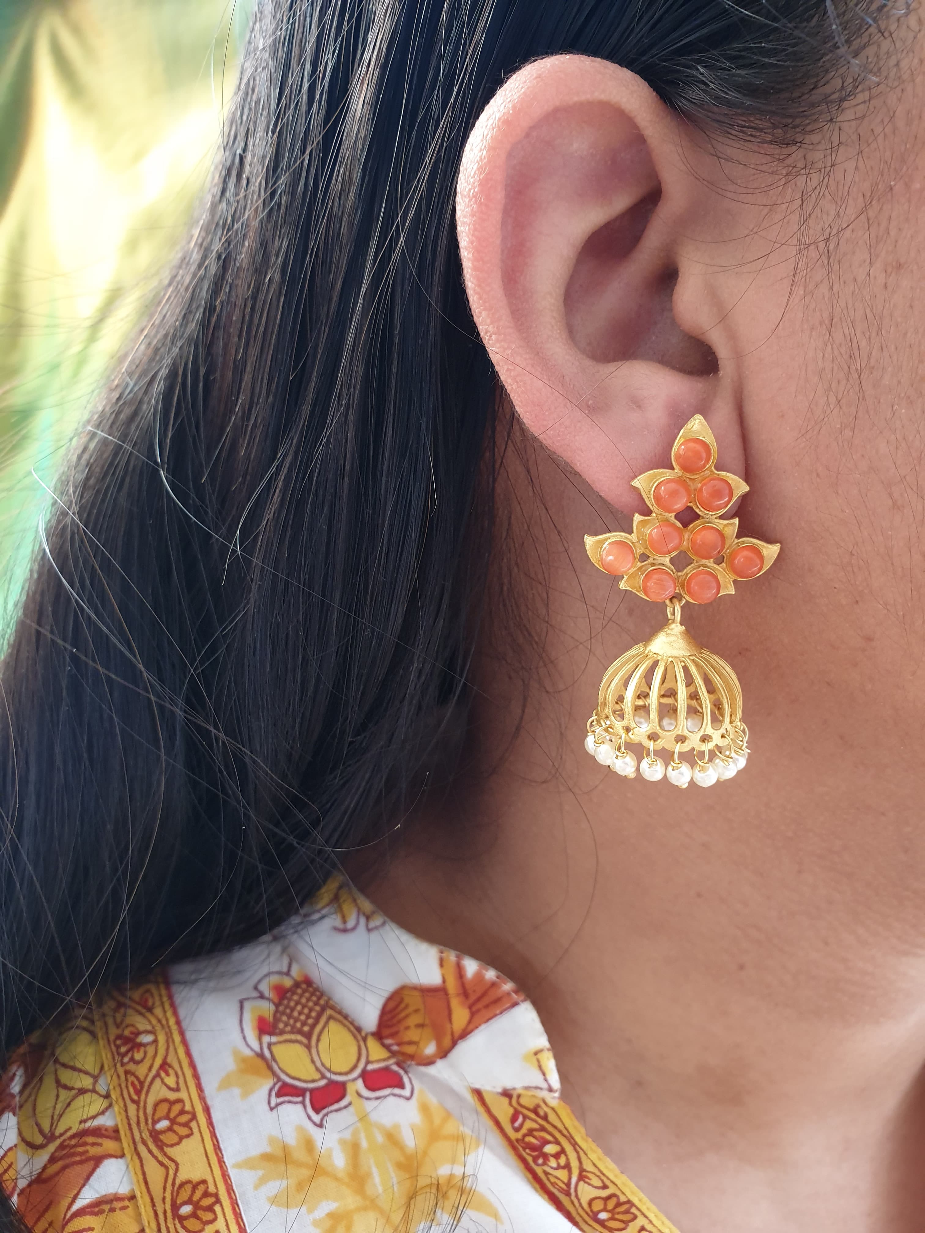 Orange Stone Gold Matte Jhumki Earrings