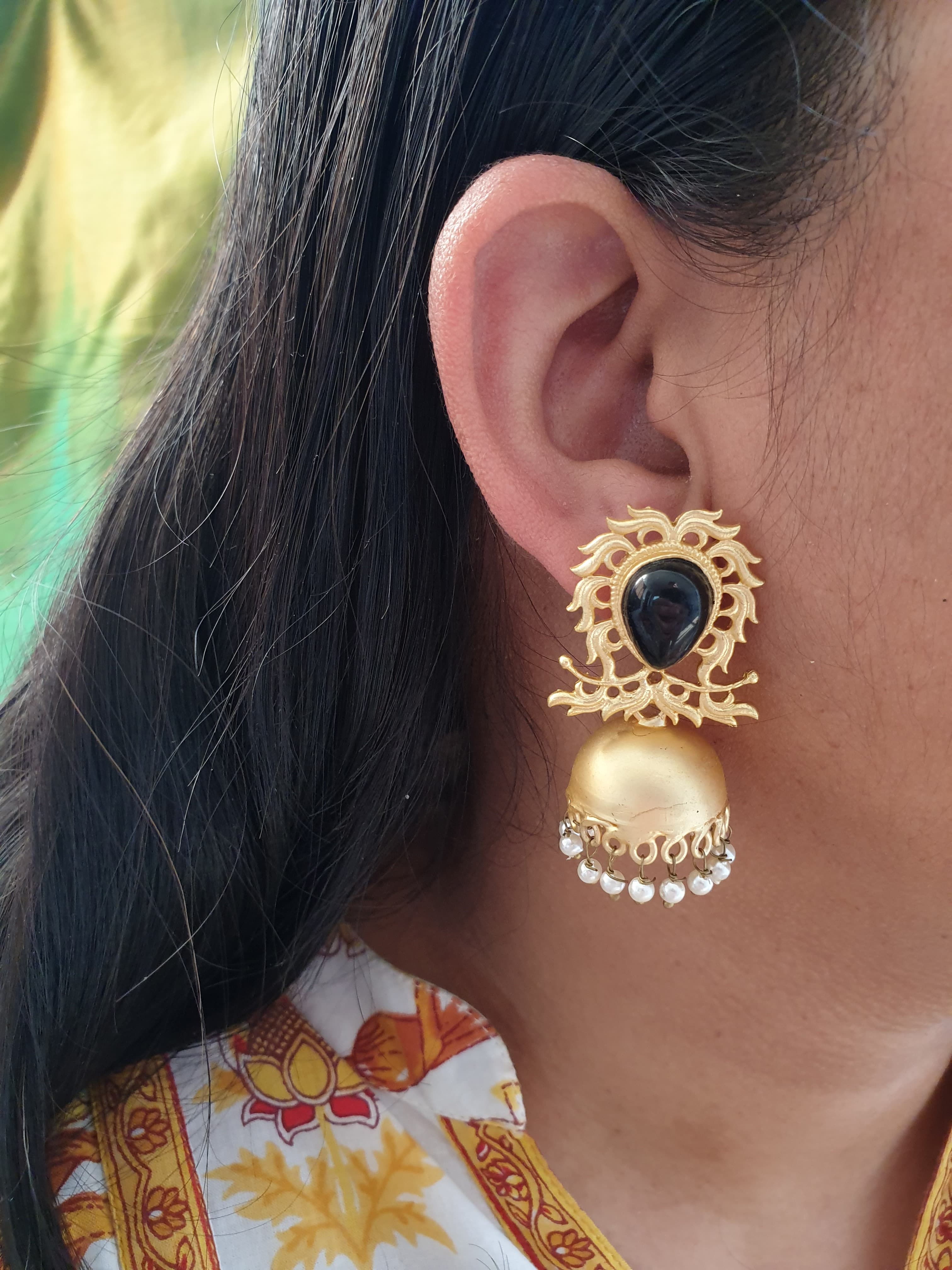 Black Stone Gold Matte Jhumki Designer Earrings