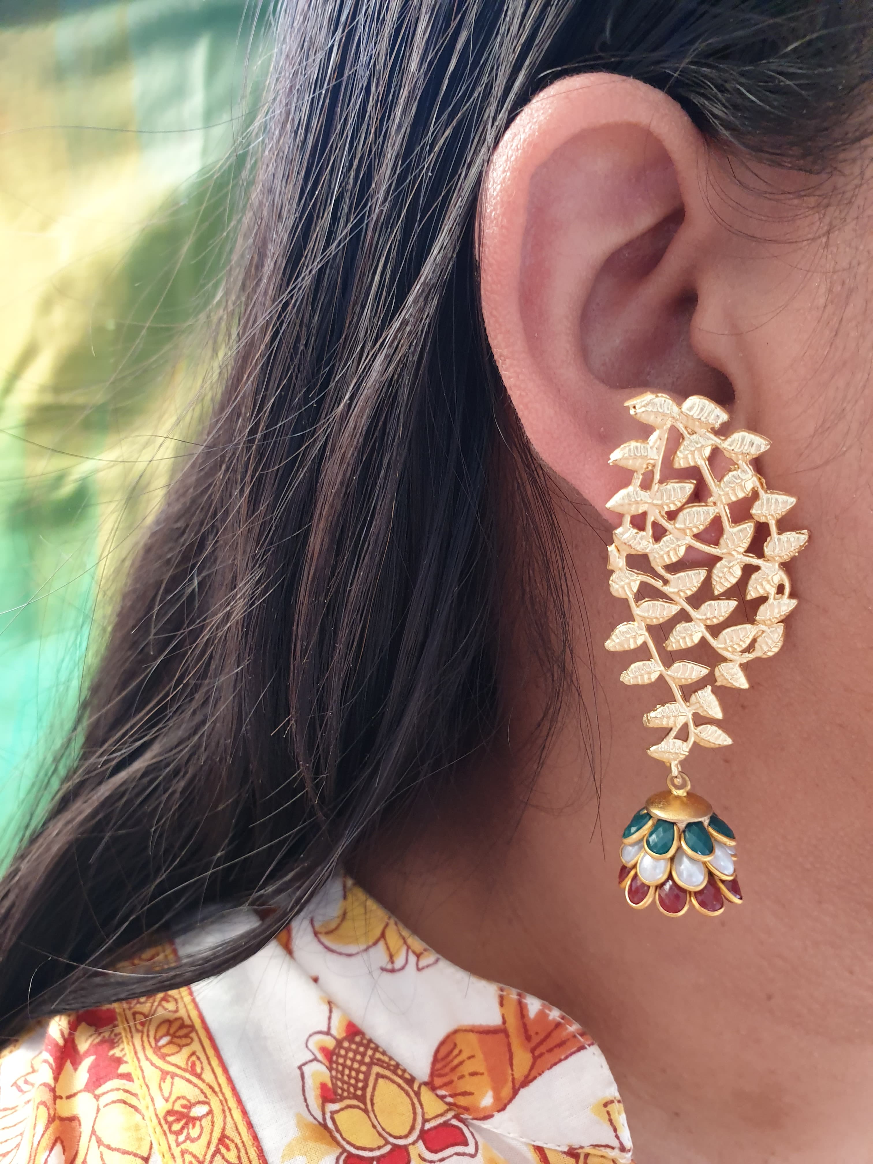 Multicolor Paachi Jhumki Gold Matte Leaf Earrings