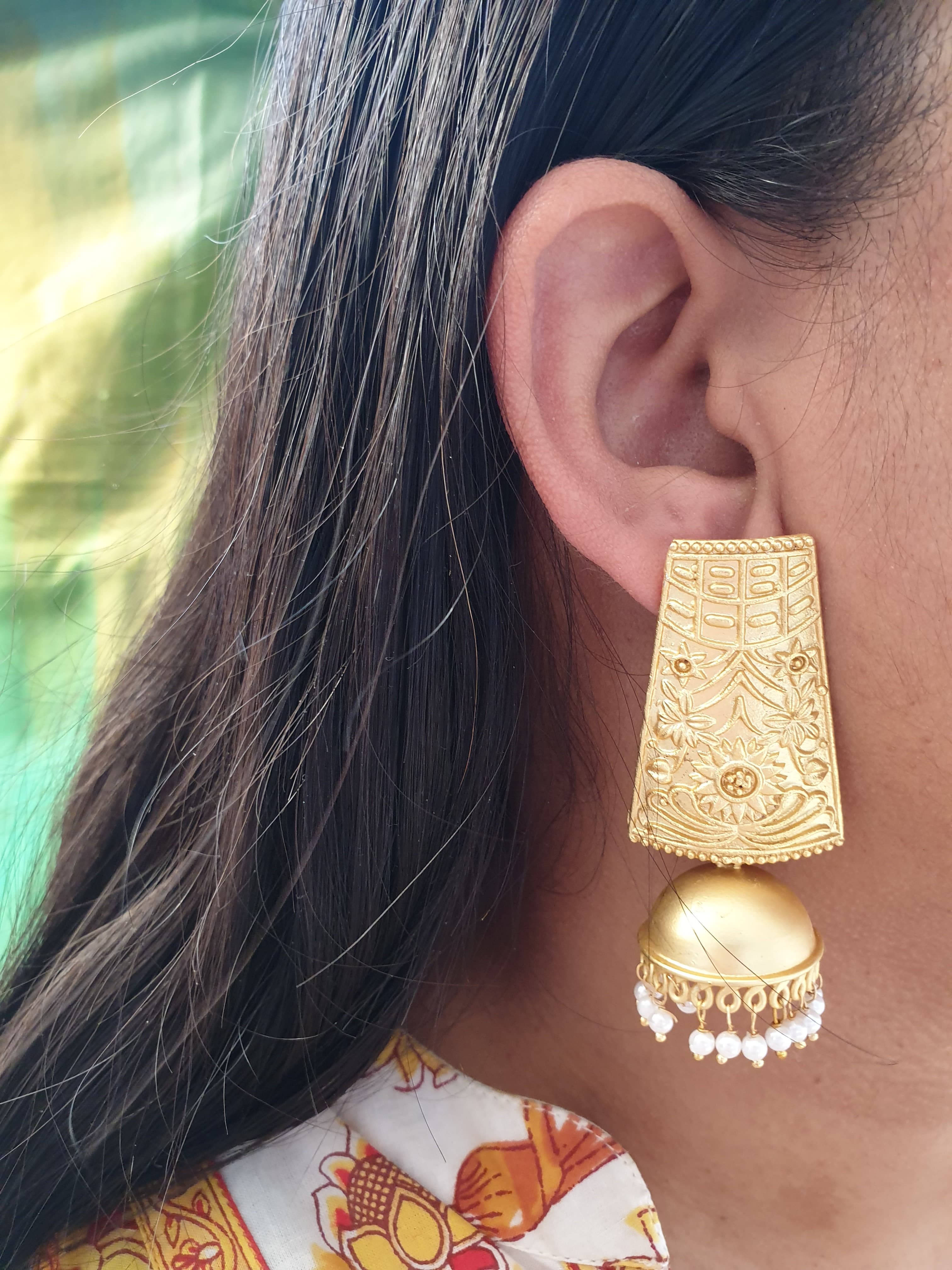 Floral Engraved Matte Gold Jhumki Earrings