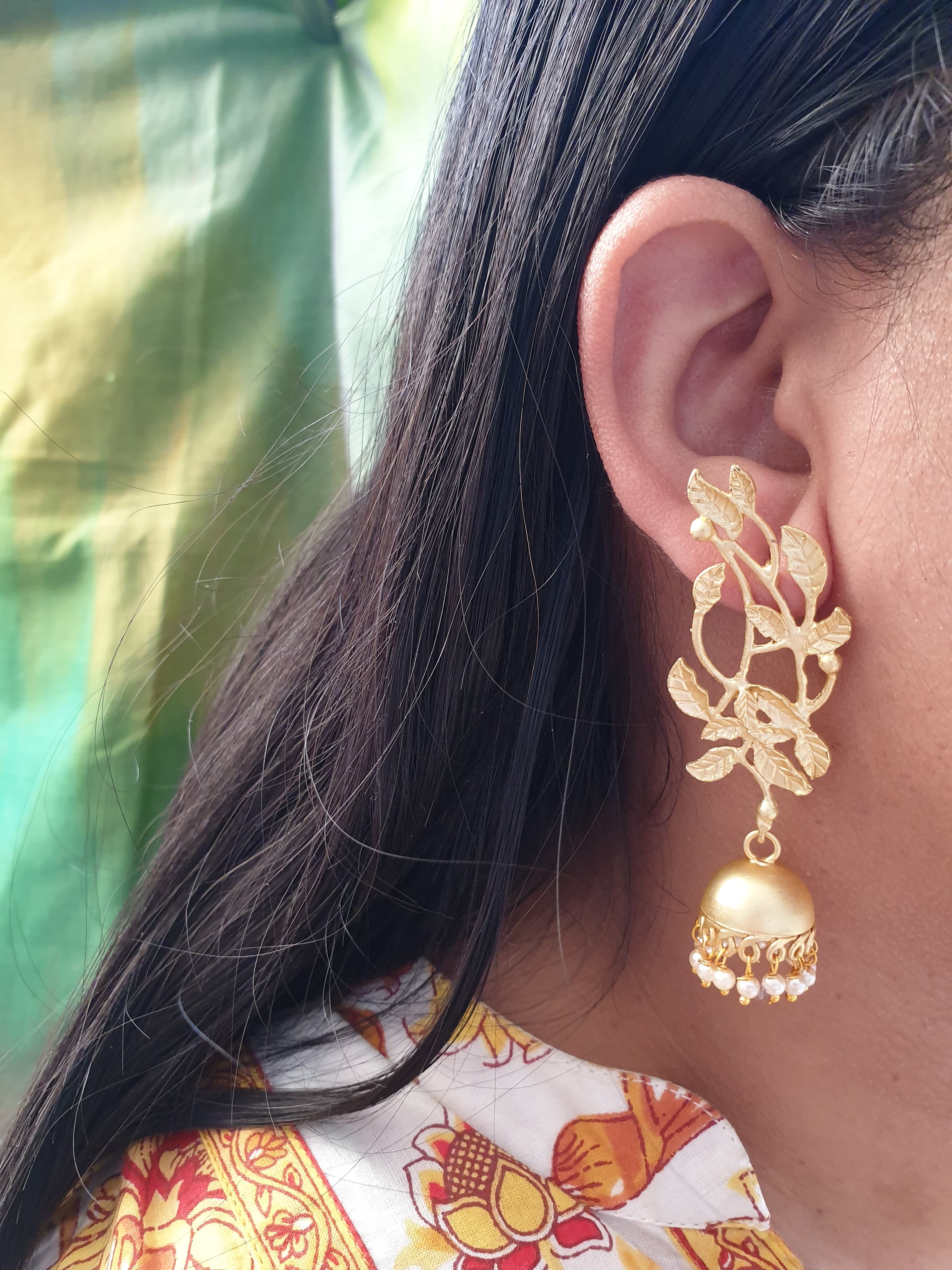 Leaf Gold Matte Jhumki Earrings