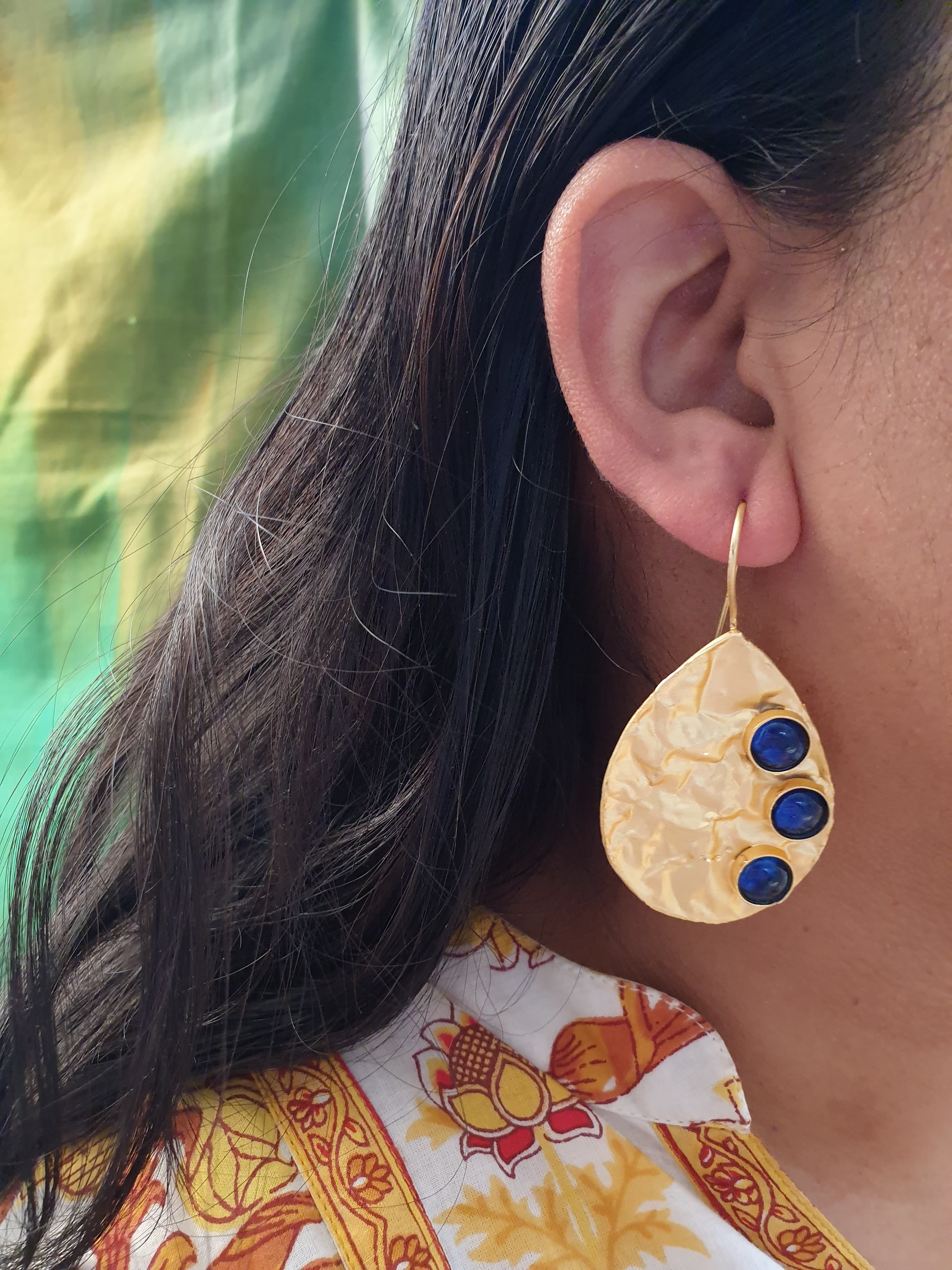 Dark Blue Stone Drop Matte Gold Earrings