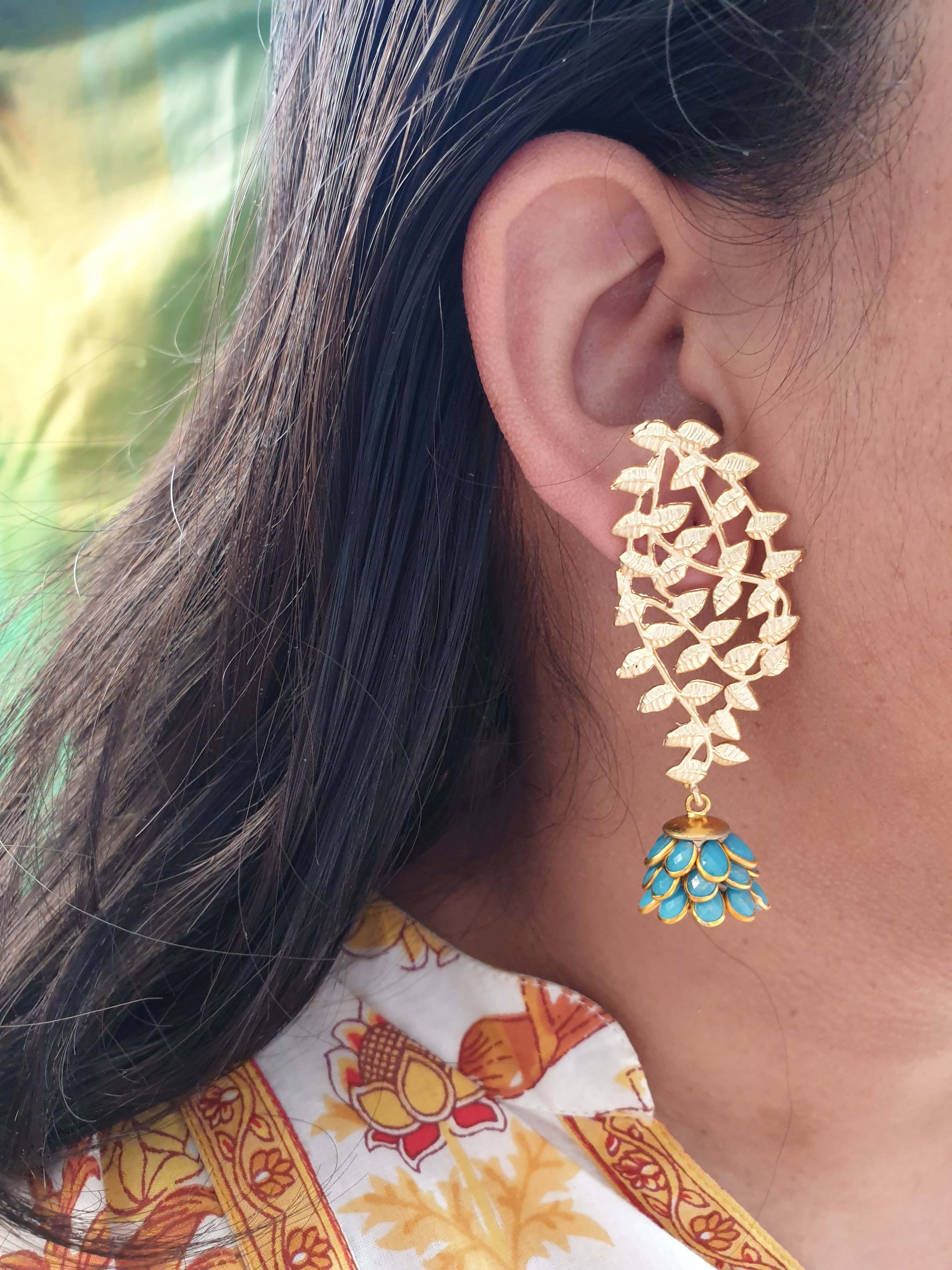 Turquoise Paachi Jhumki Gold Matte Leaf Earrings