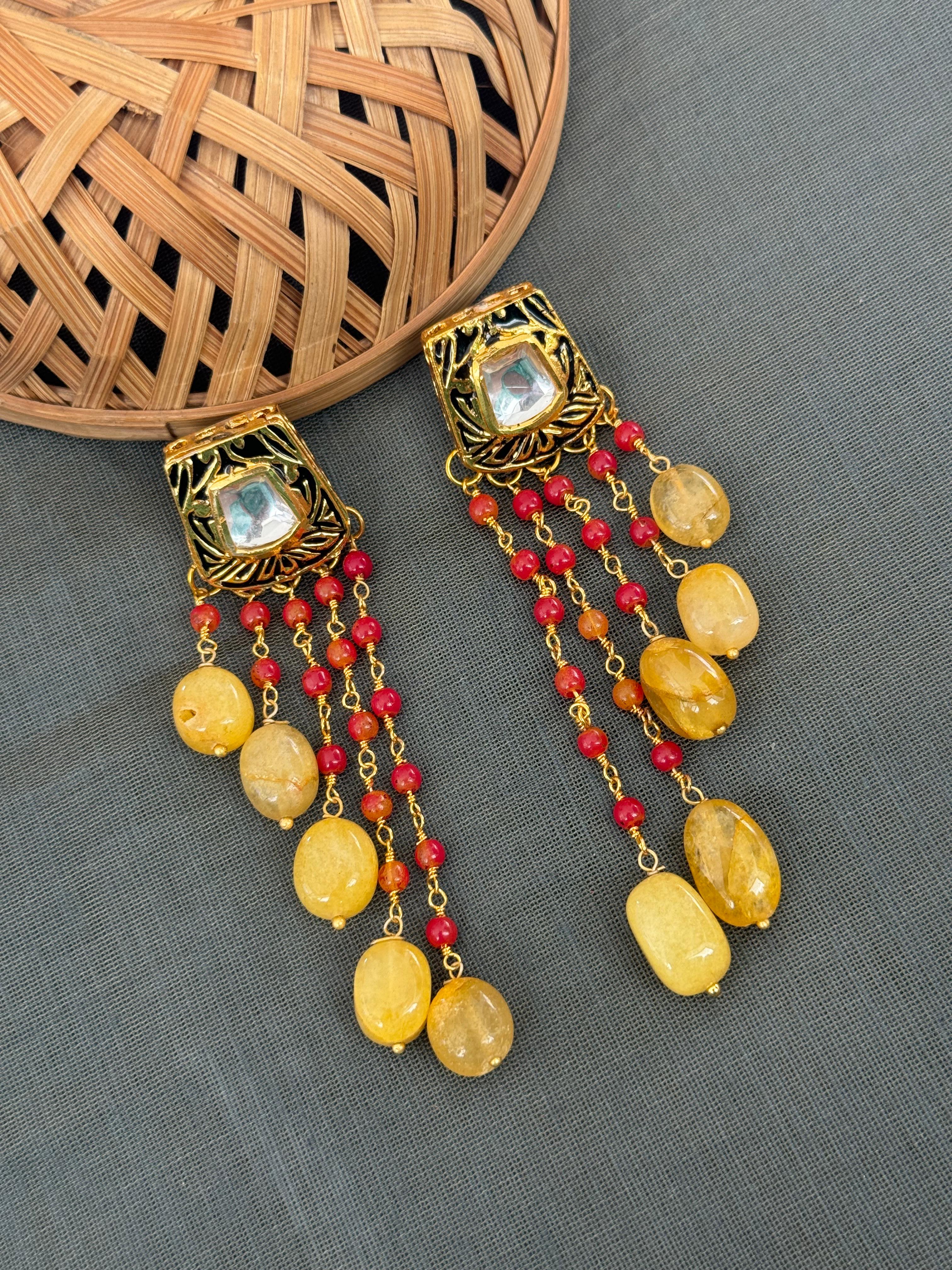 Yellow Stone Long Red Beaded Earrings