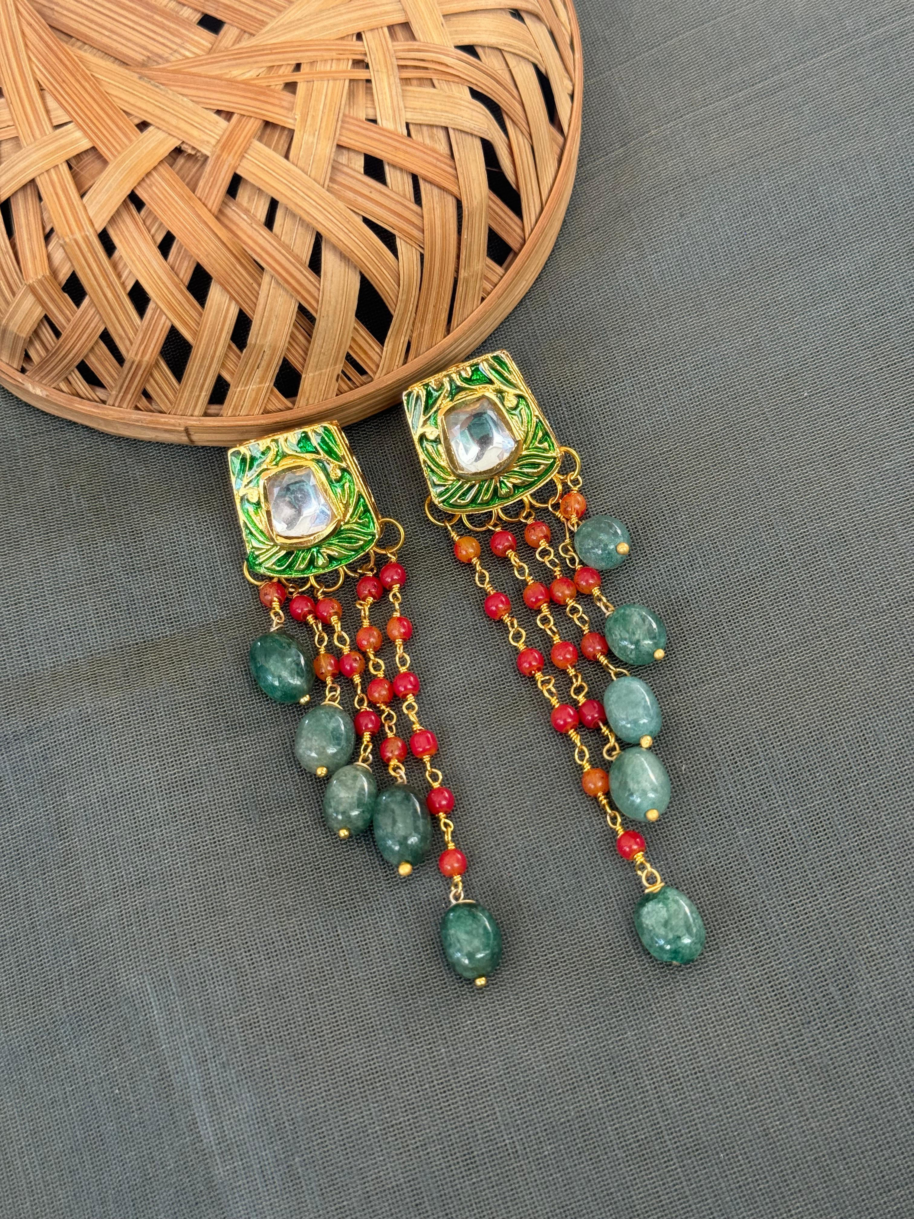 Green Stone Meenakari Long Earrings