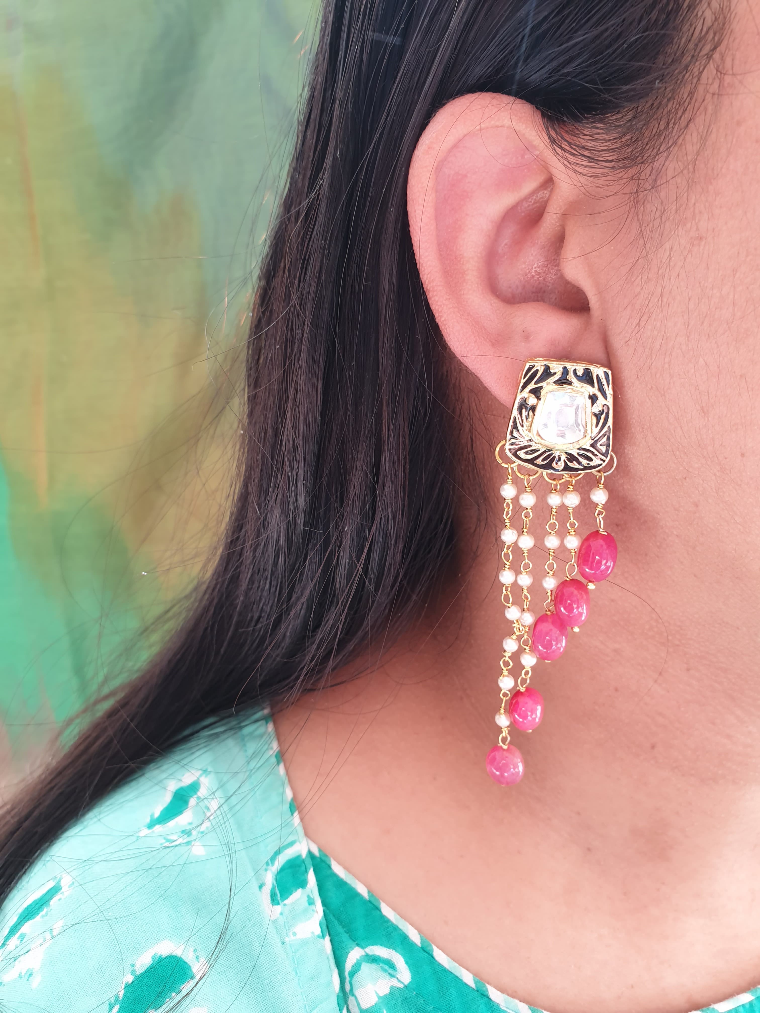 Red Stone Meenakari Long Earrings