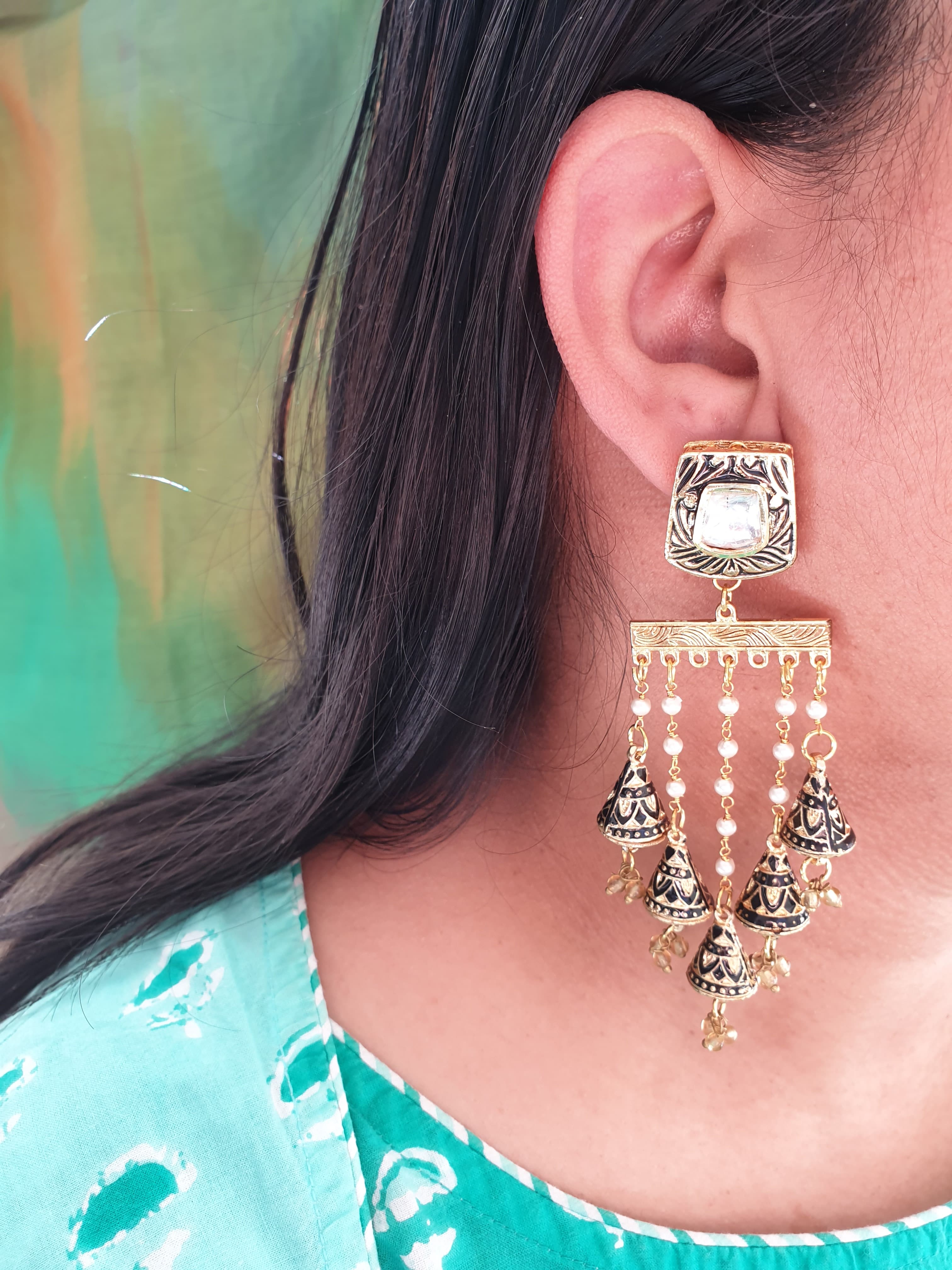 Black Meenakari Long Pearl Earrings