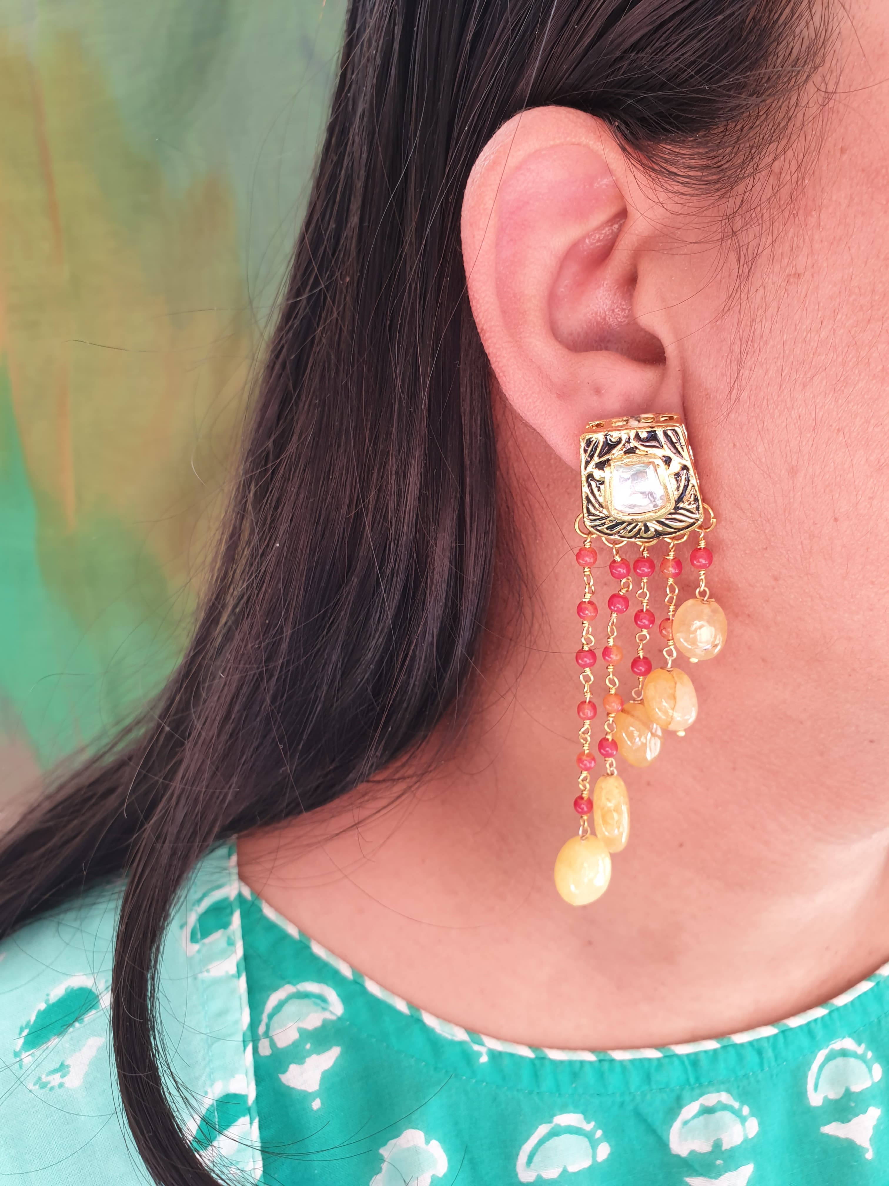 Yellow Stone Long Red Beaded Earrings