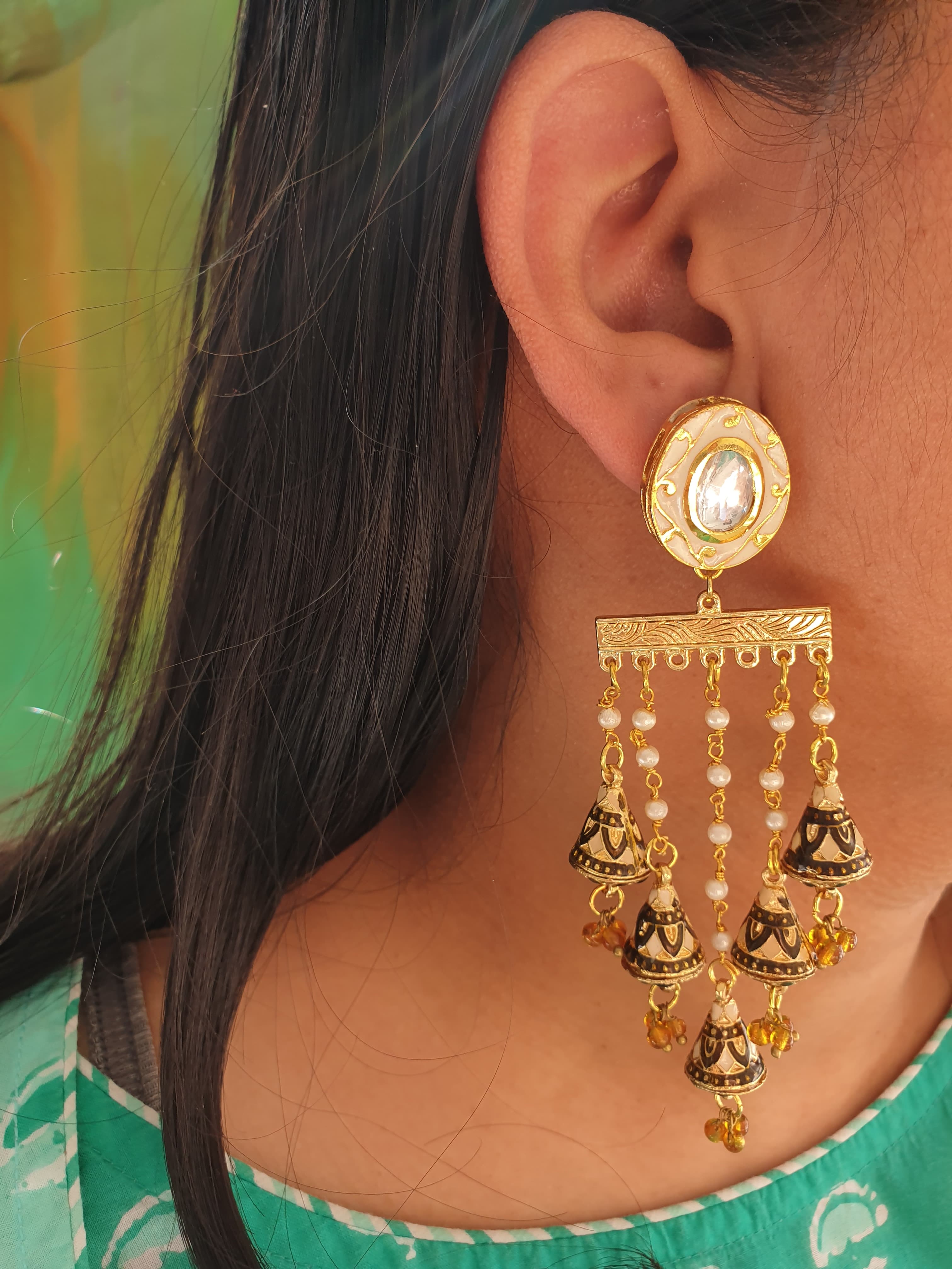 Brown Meenakari Long Pearl Earrings