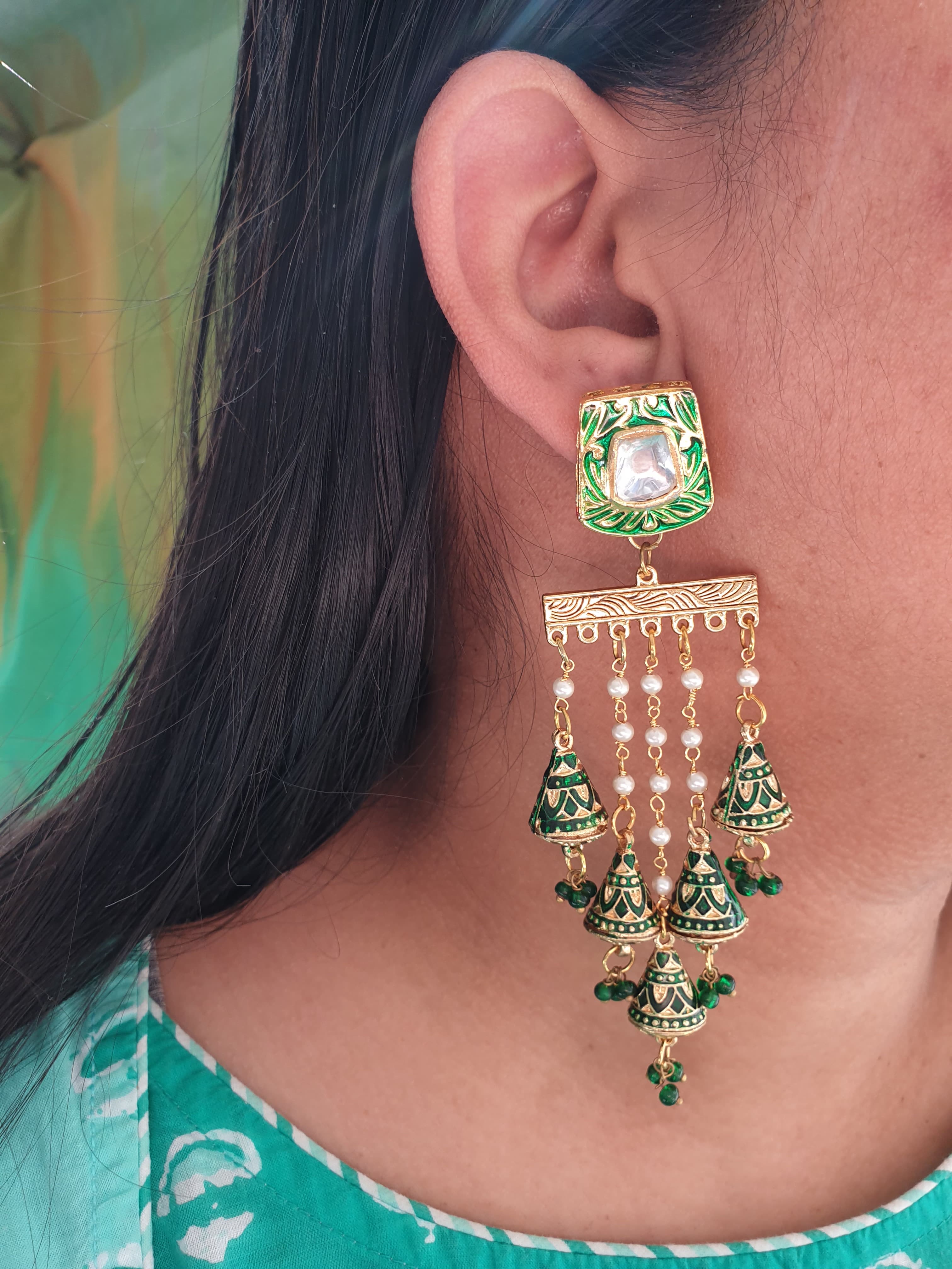 Dark Green Meenakari Long Pearl Earrings