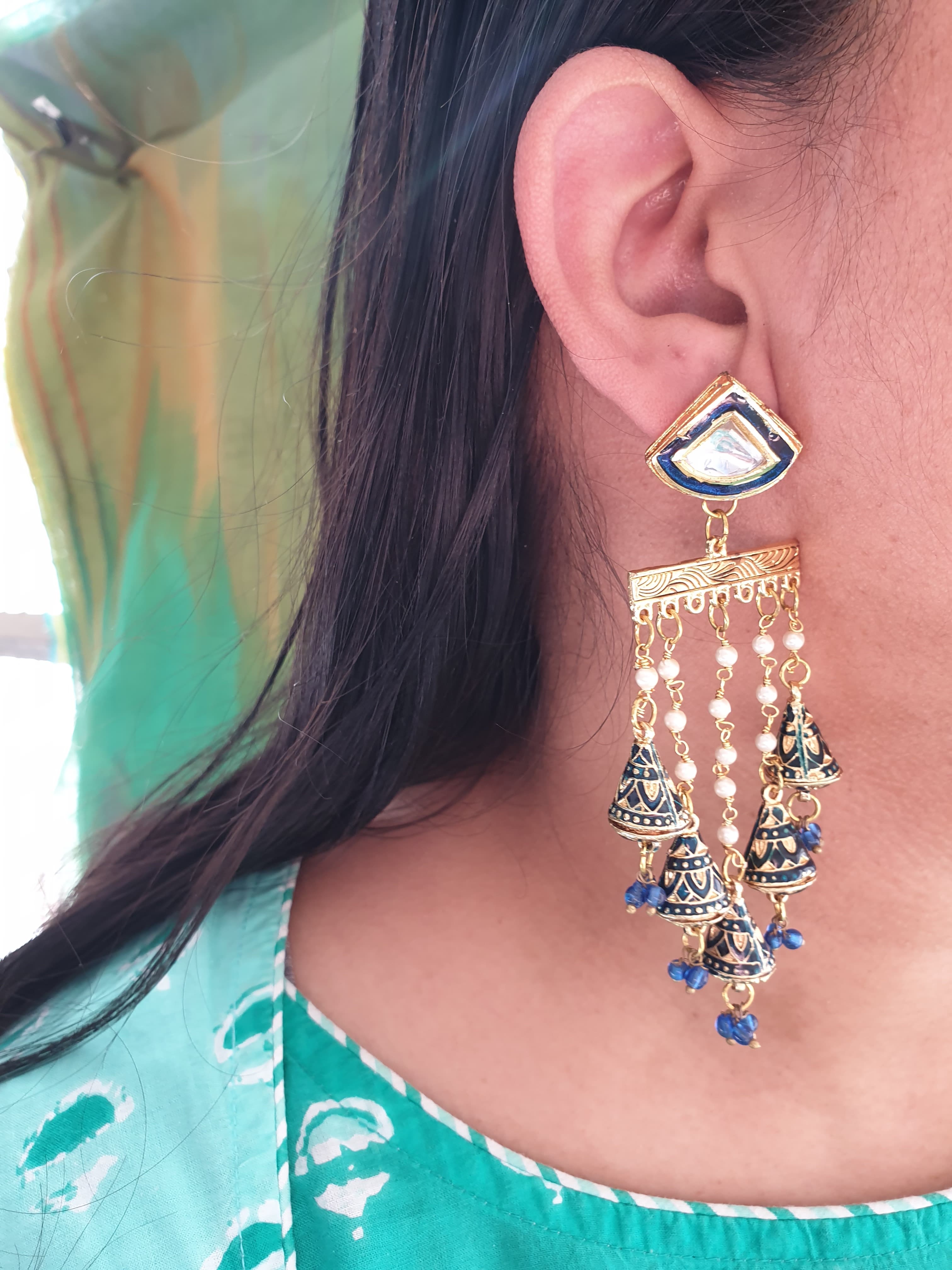 Dark Blue Meenakari Long Pearl Earrings