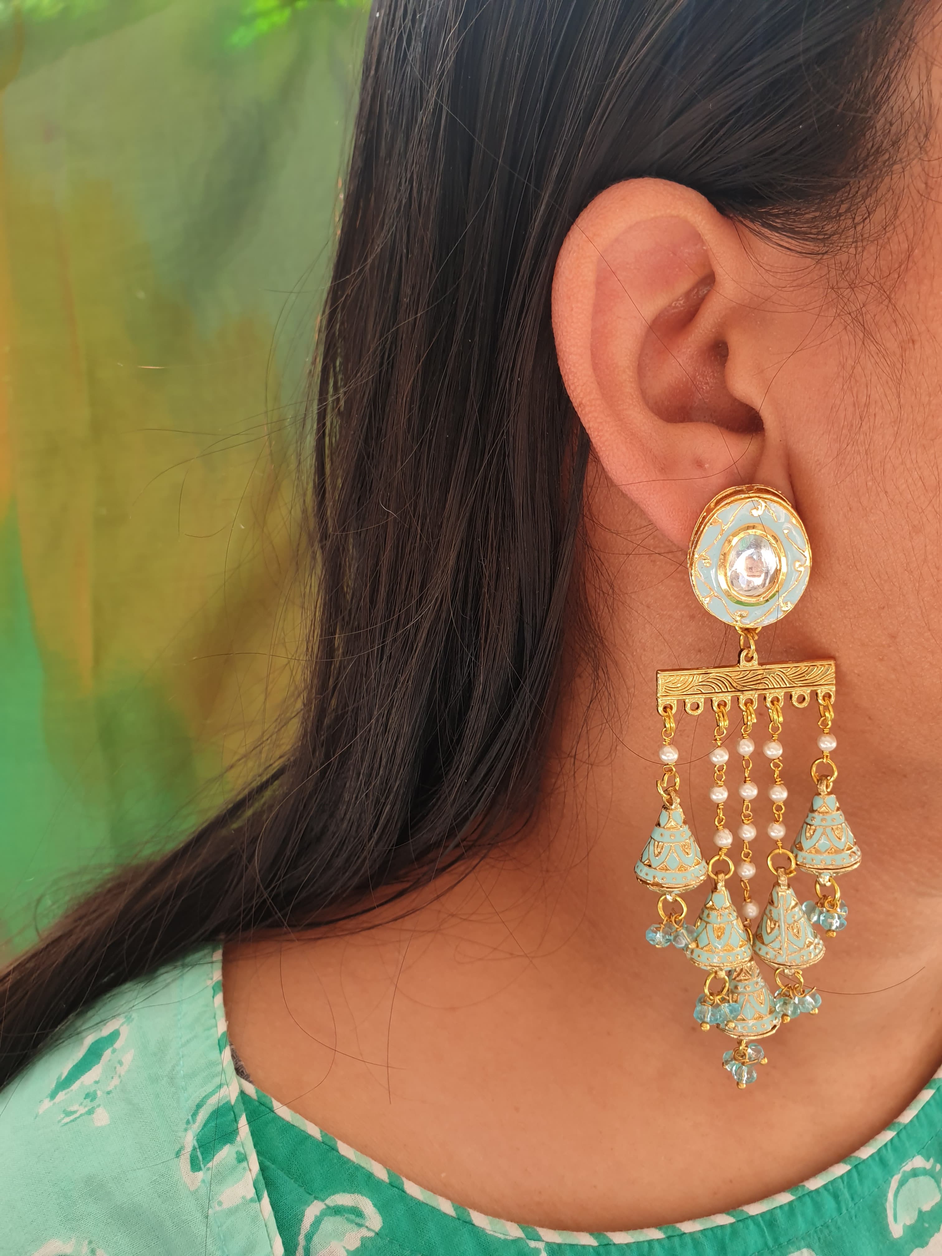 Turquoise Meenakari Long Pearl Earrings