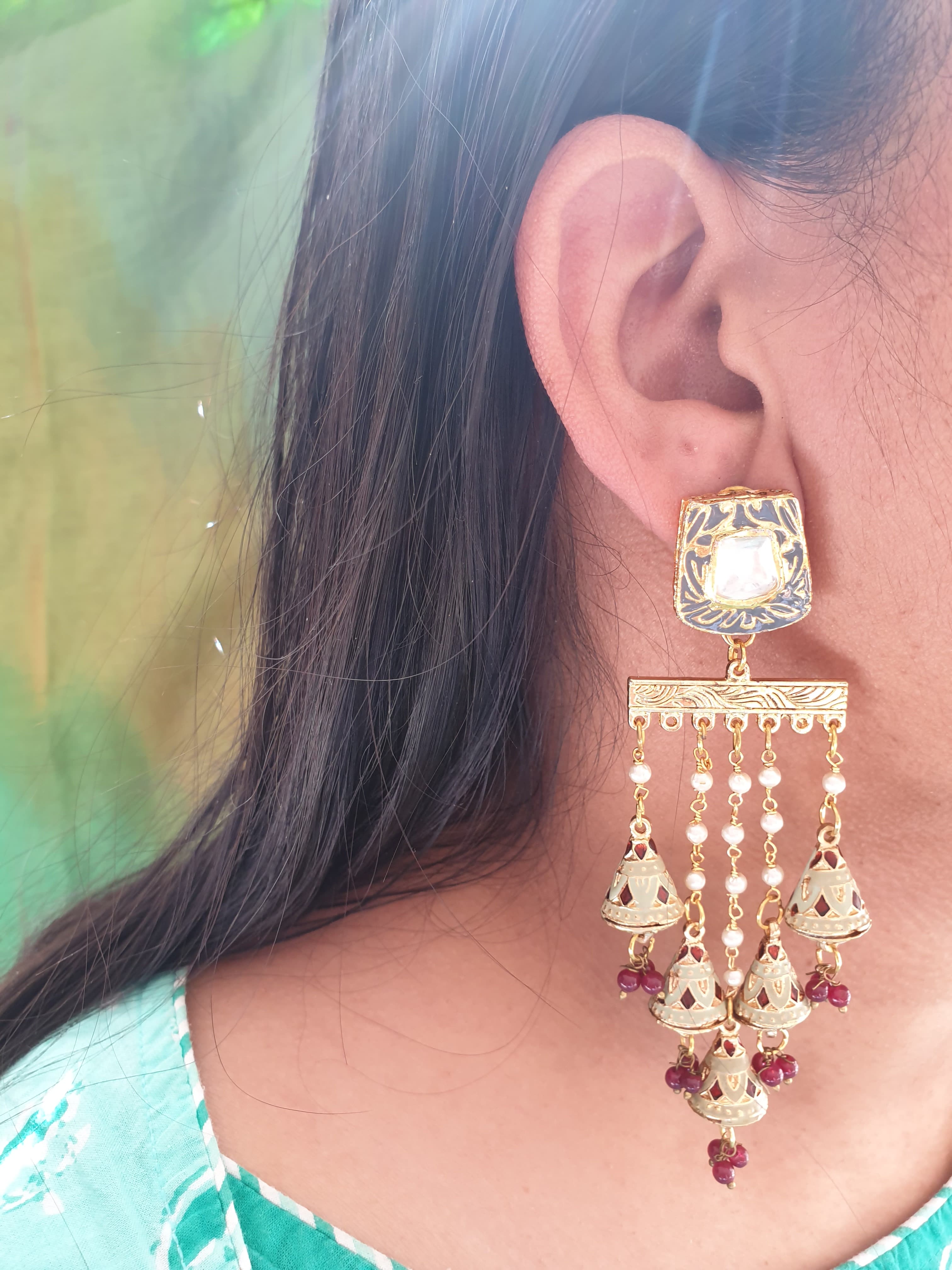 Grey Meenakari Long Pearl Earrings