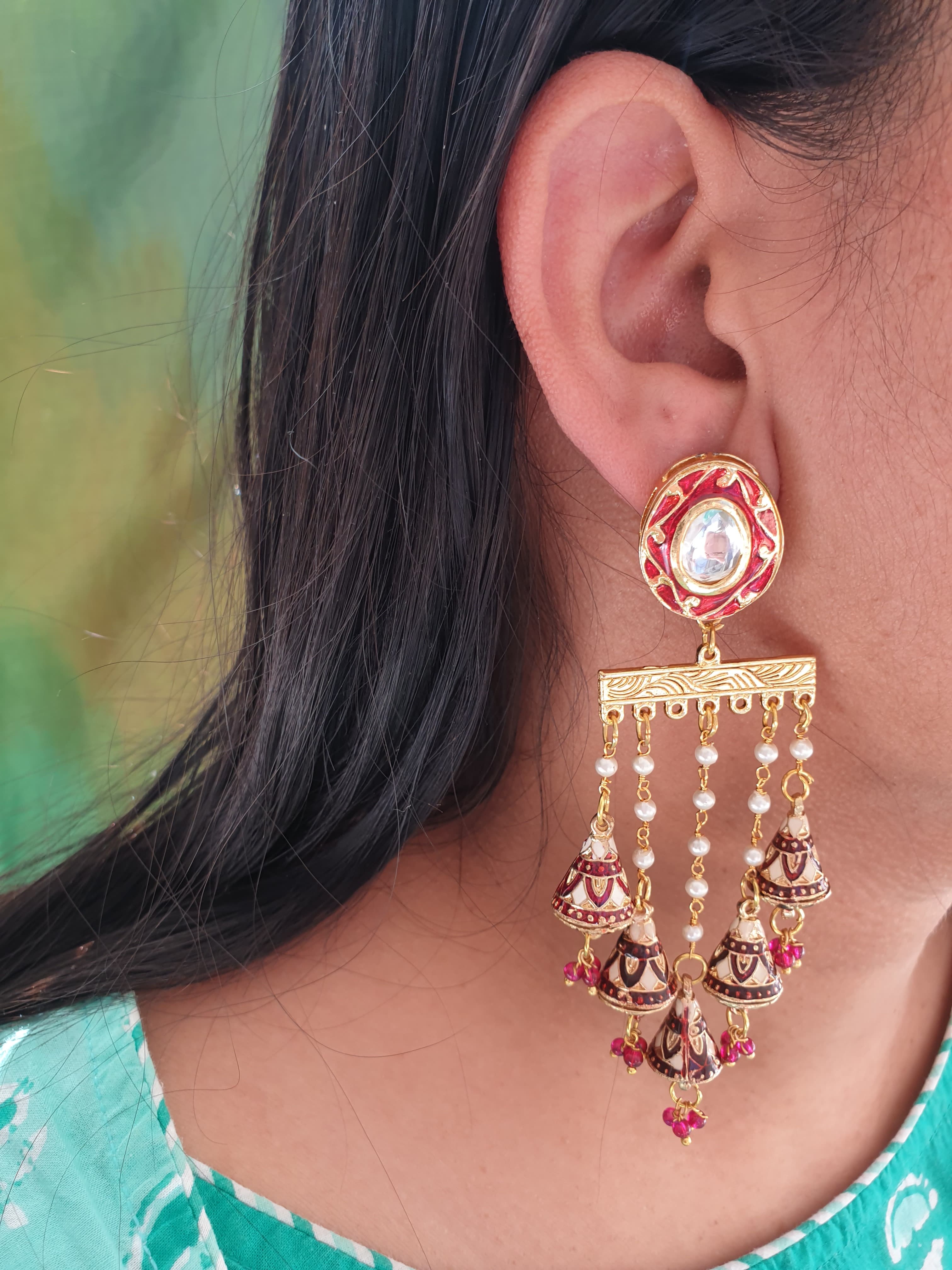 Maroon Meenakari Long Pearl Earrings