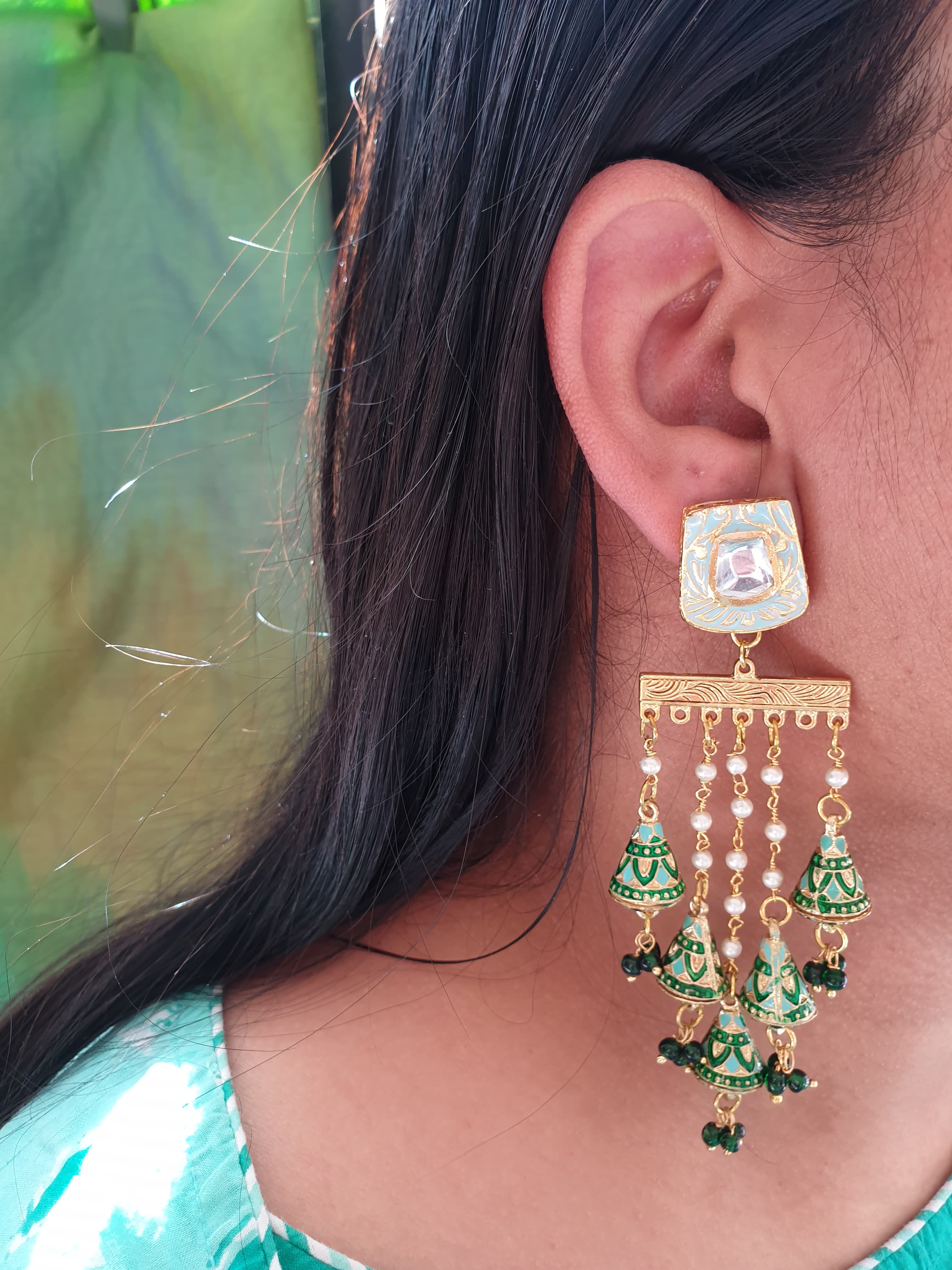 Turquoise Green Meenakari Long Pearl Earrings