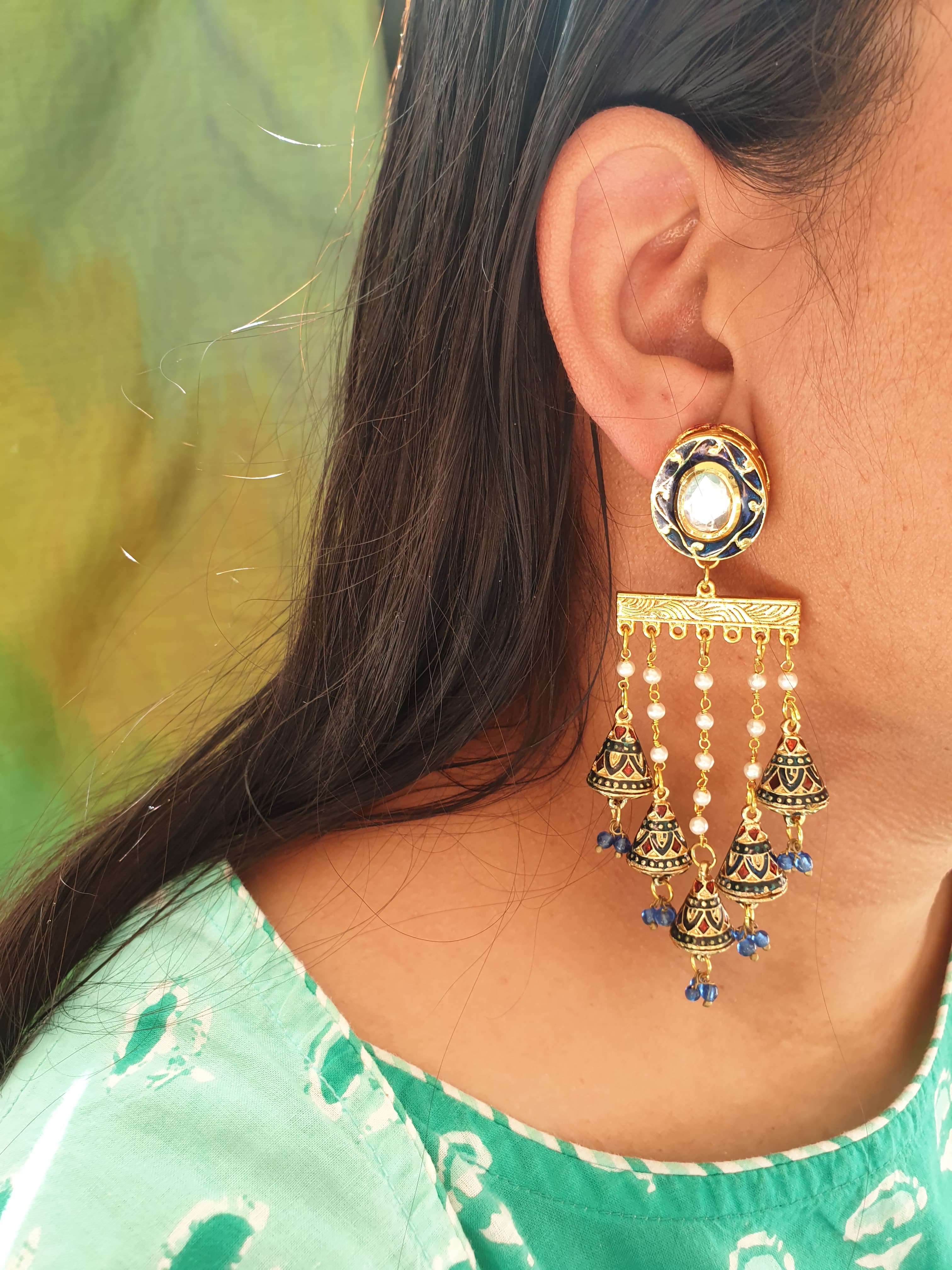 Dark Blue Meenakari Long Pearl Earrings