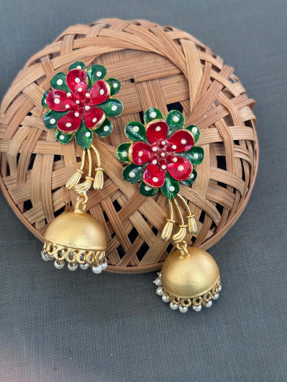 Red Green Floral Handpainted Jhumki Earrings