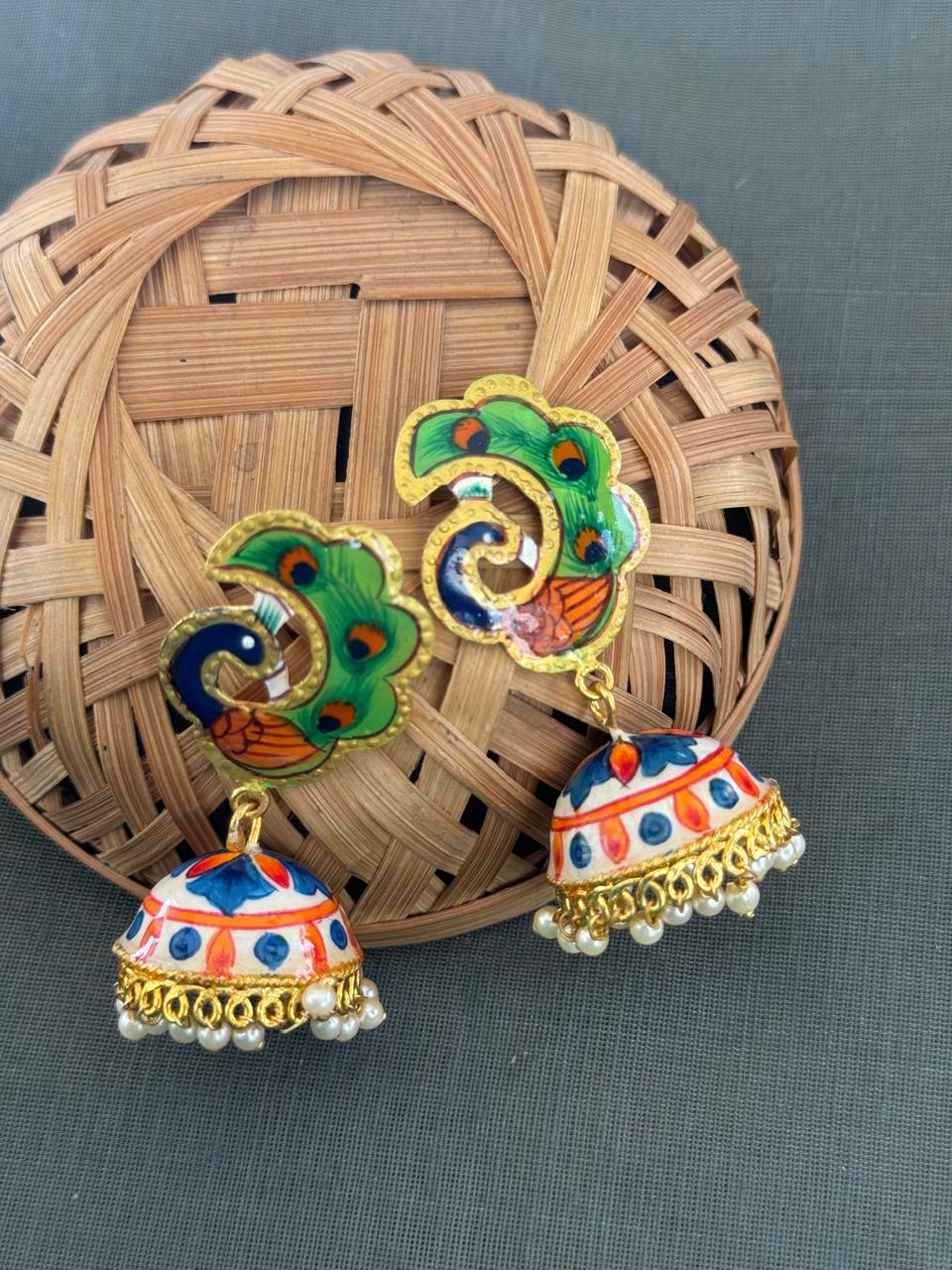 Multicolor Peacock Handpainted Jhumki Earrings