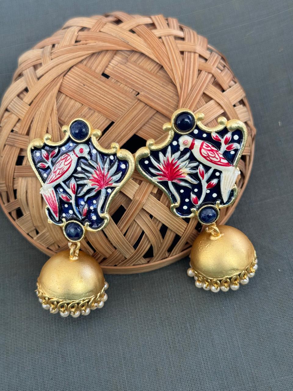 Dark Blue Bird Handpainted Jhumki Earrings