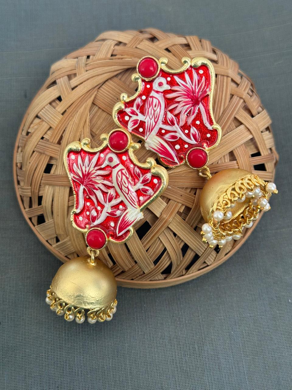 Red Bird Handpainted Jhumki Earrings