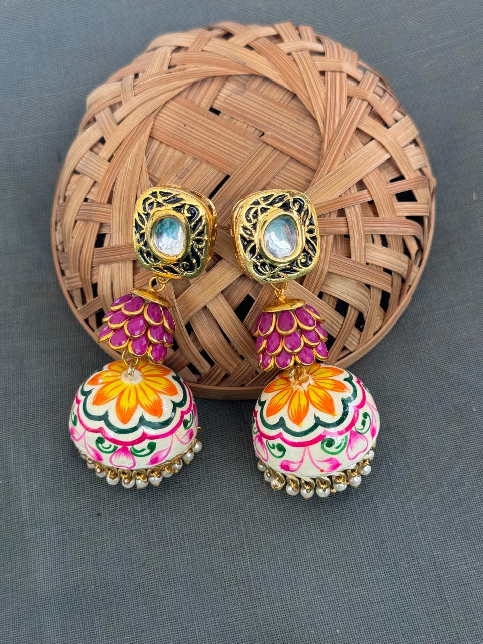 White Handpainted Jhumki Layered Earrings