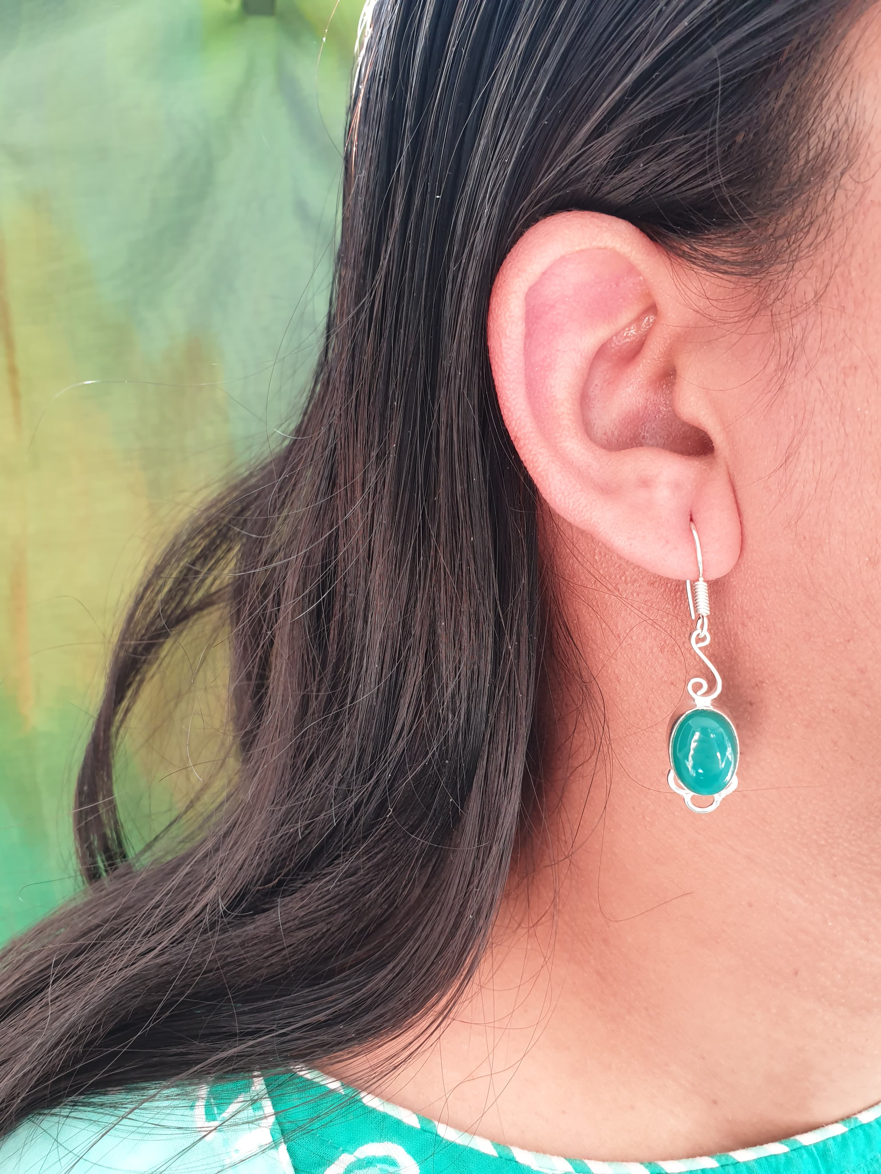 Green Stone Silver Oxidised Drop Earrings