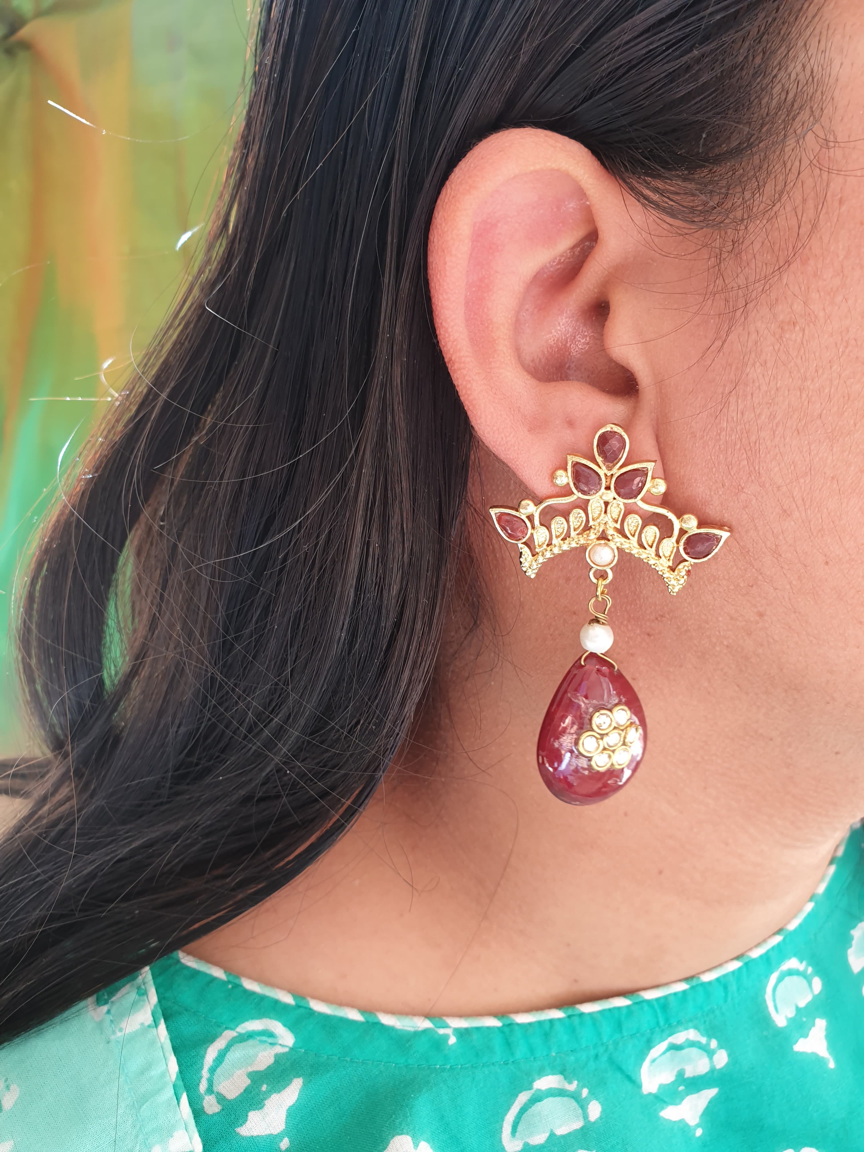 Maroon Stone Gold Matte Designer Earrings