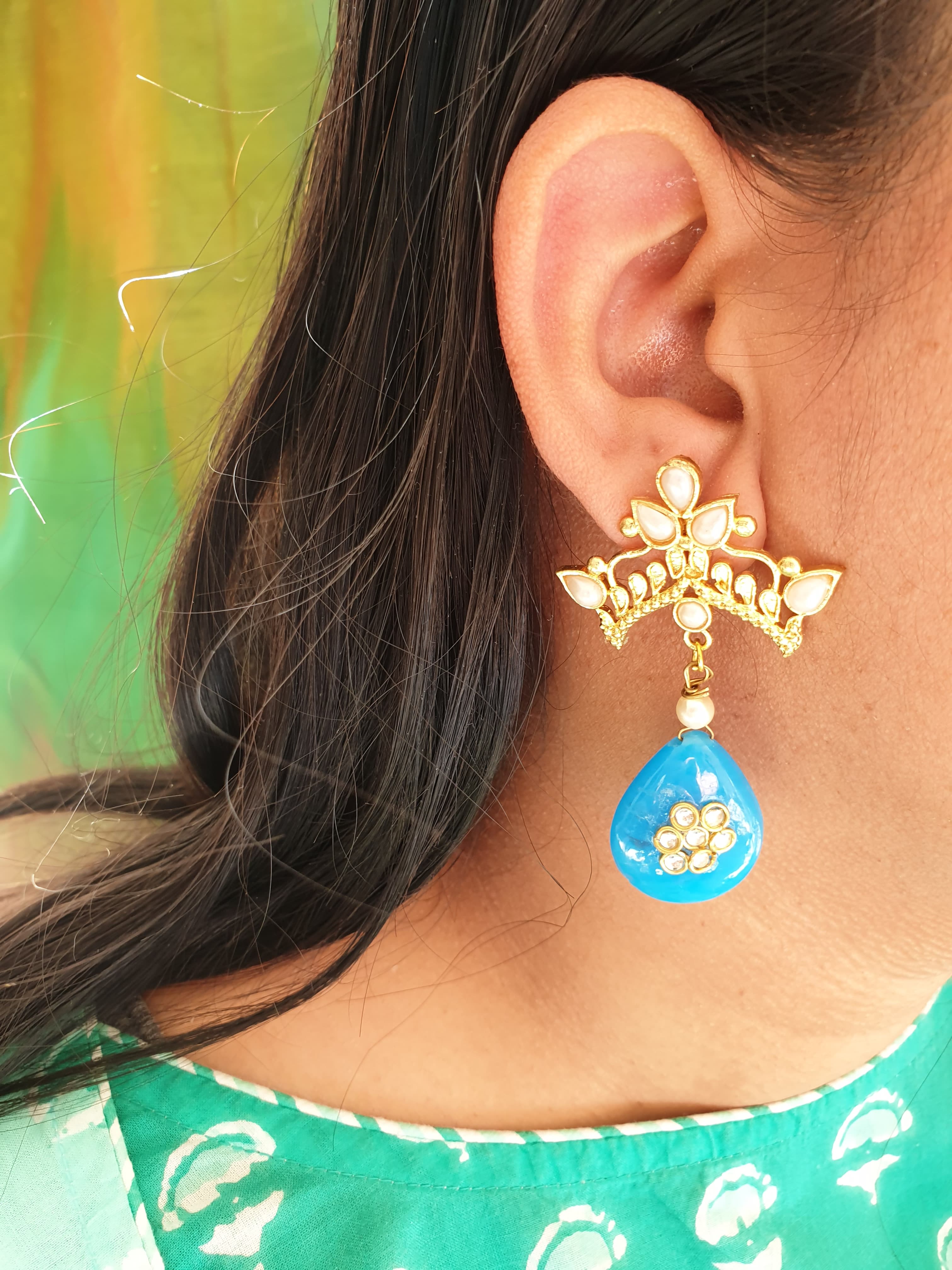 Turquoise Stone Gold Matte Pearl Drop Earring