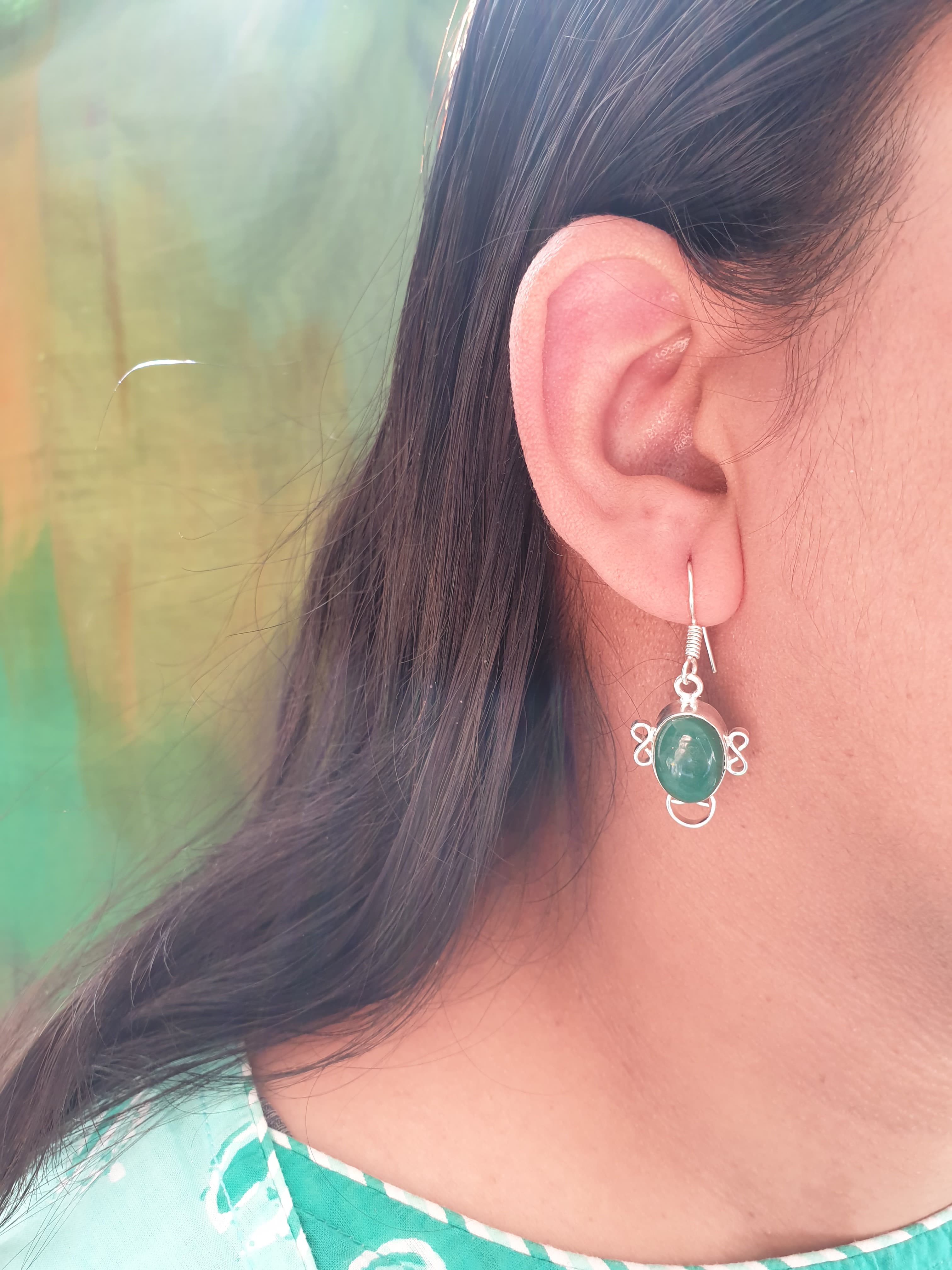 Dark Green Stone Silver Oxidised Earrings