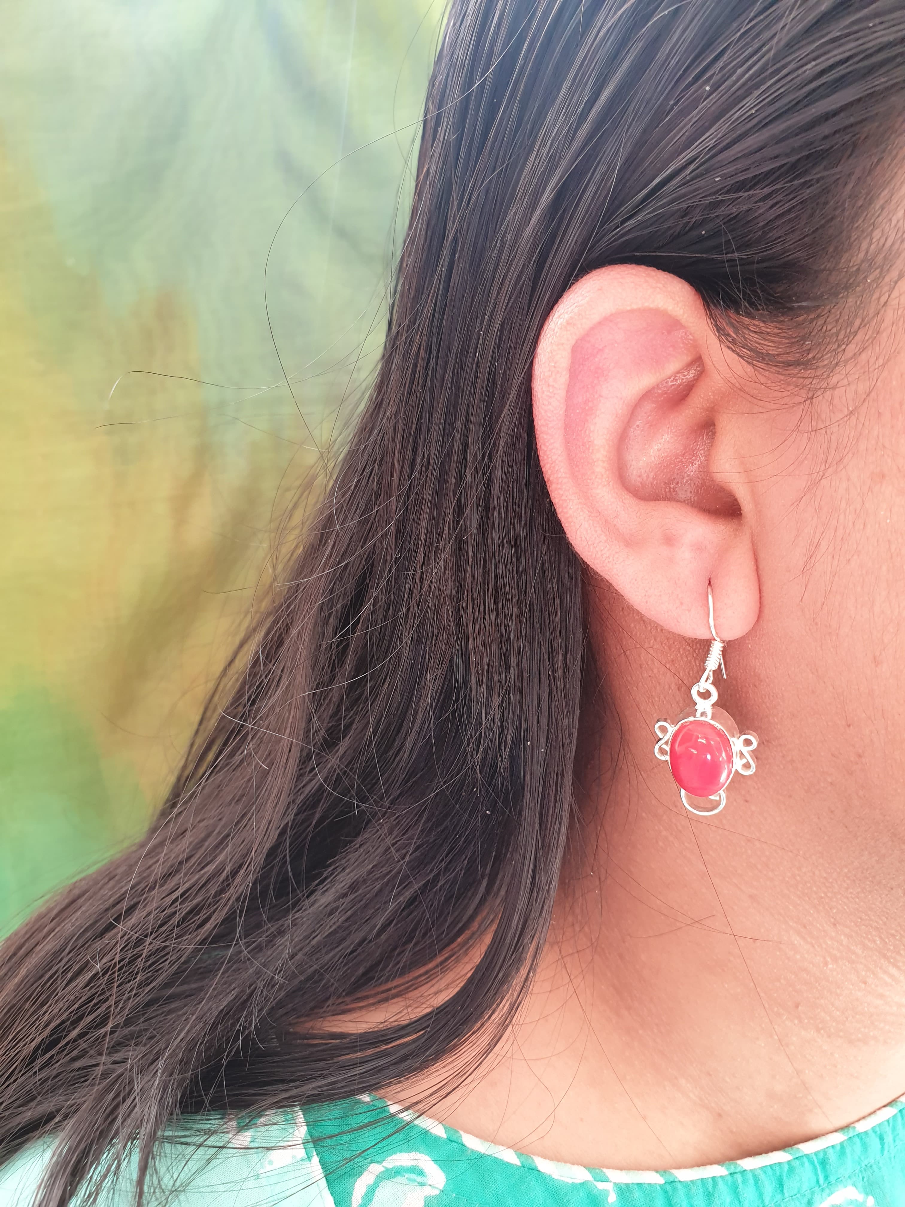 Red Stone Silver Oxidised Drop Earrings