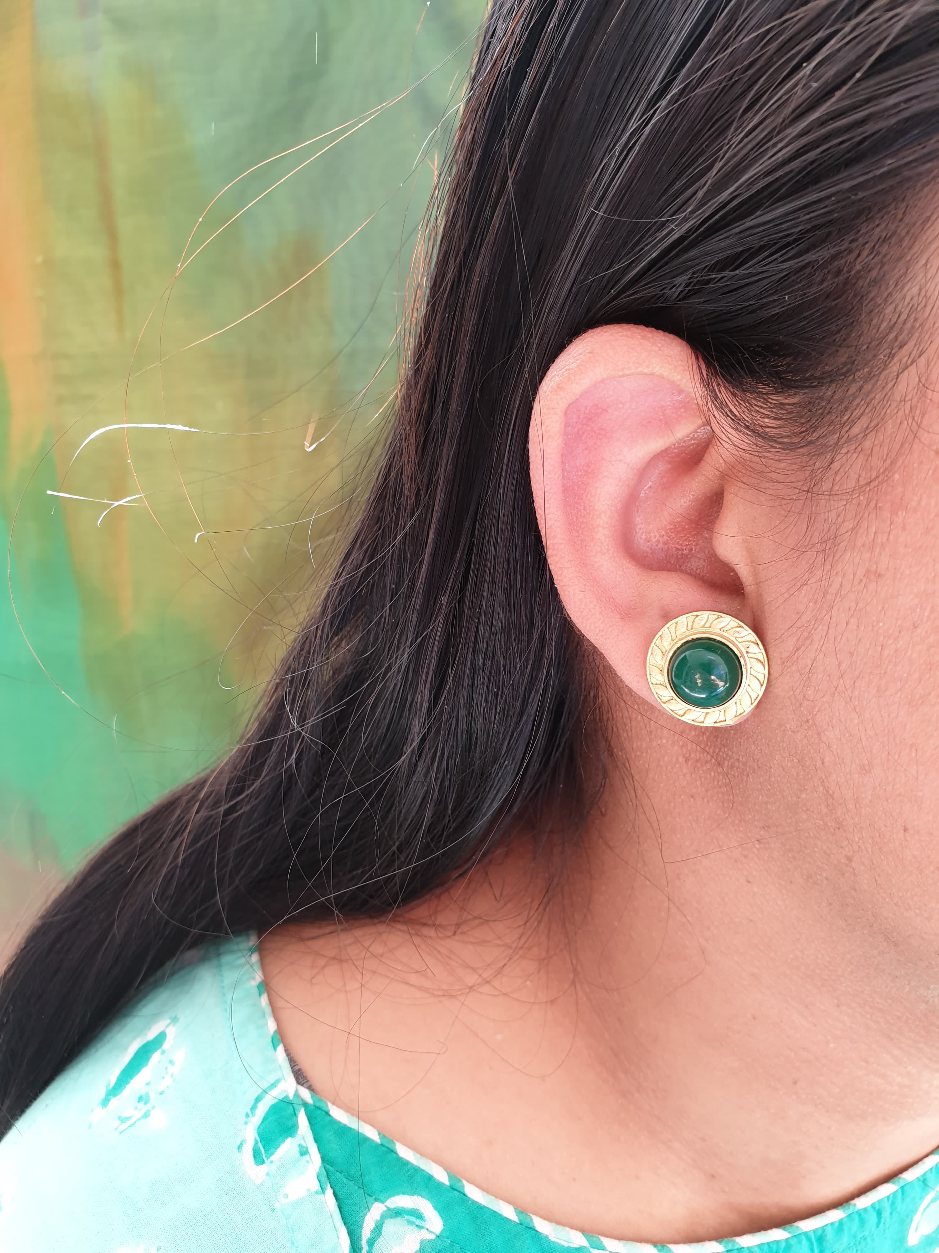 Green Round Gold Matte Stud Earrings