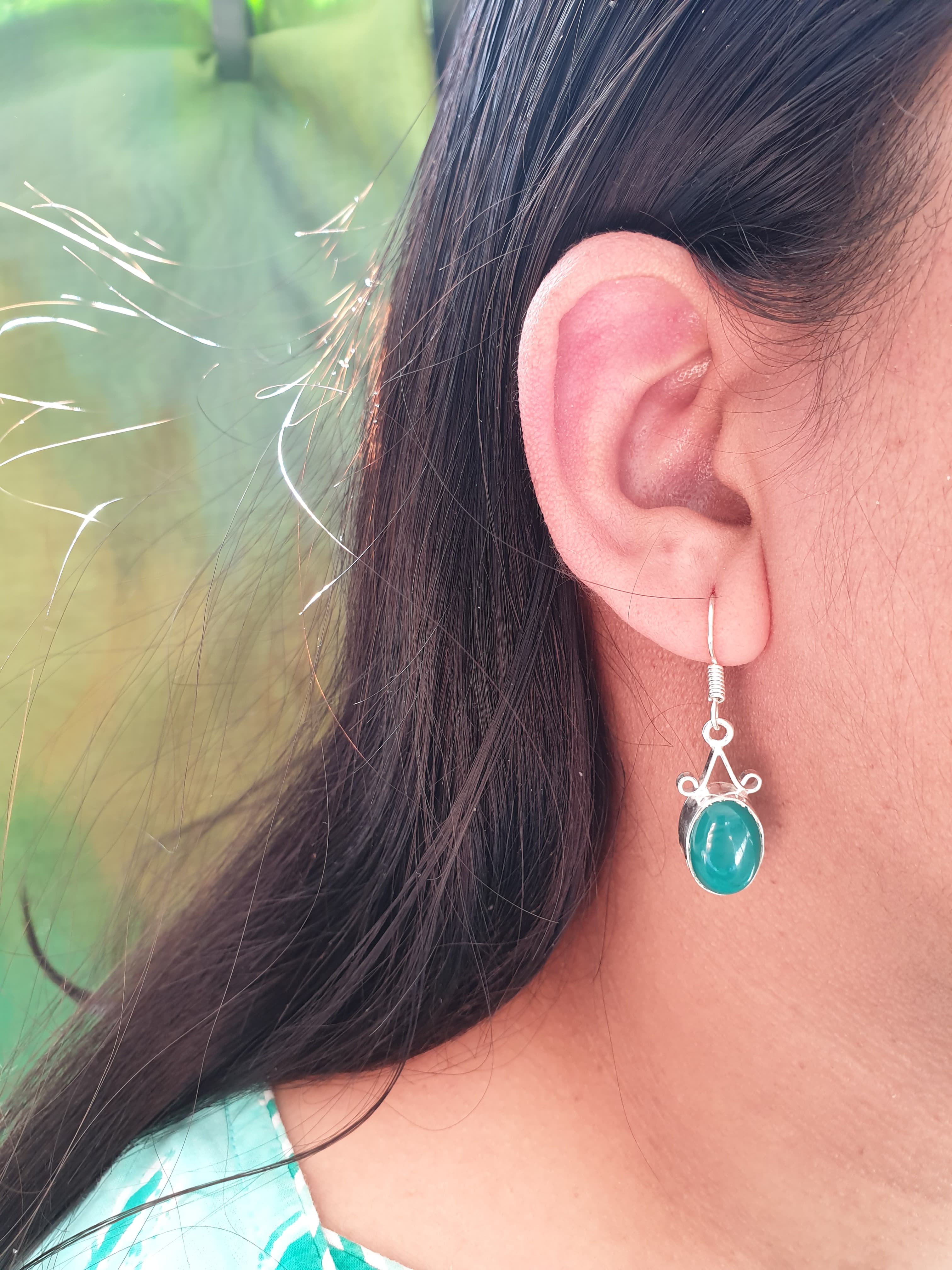 Teal Stone Silver Oxidised Earrings