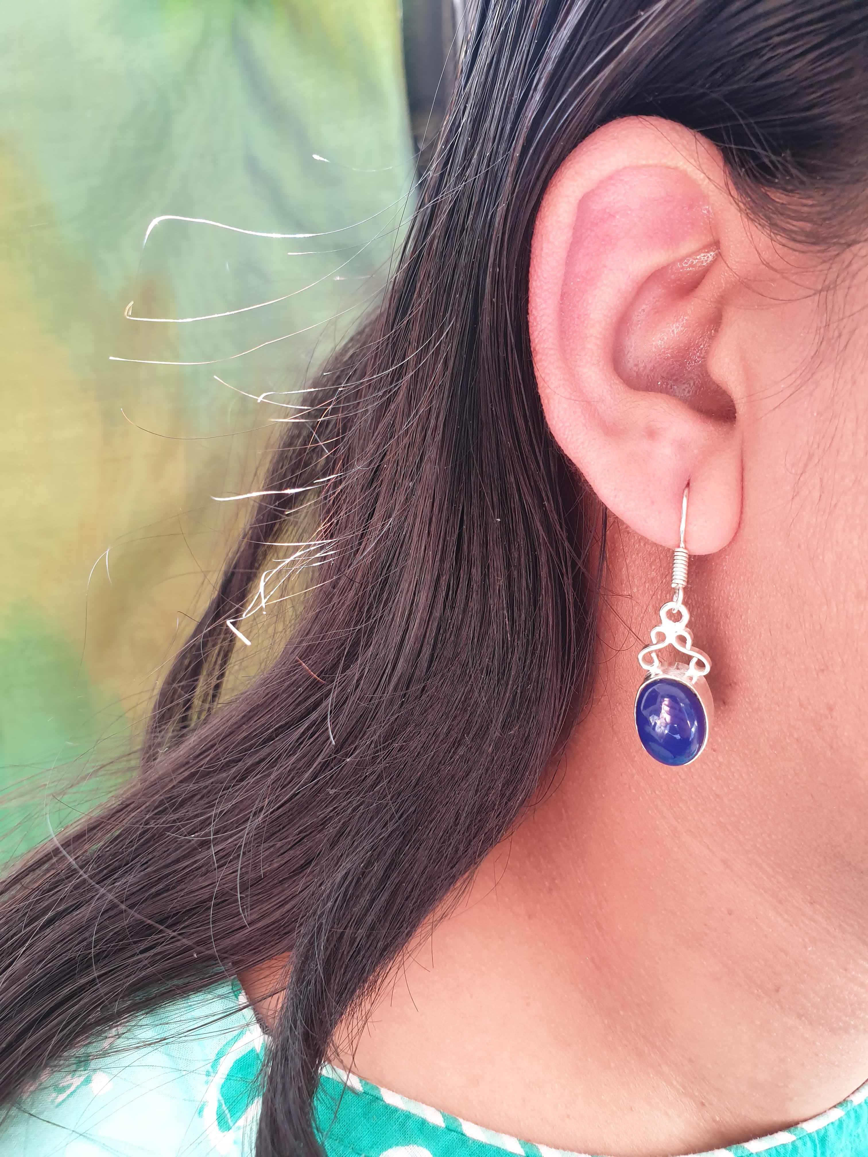 Dark Blue Stone Silver Oxidised Earrings