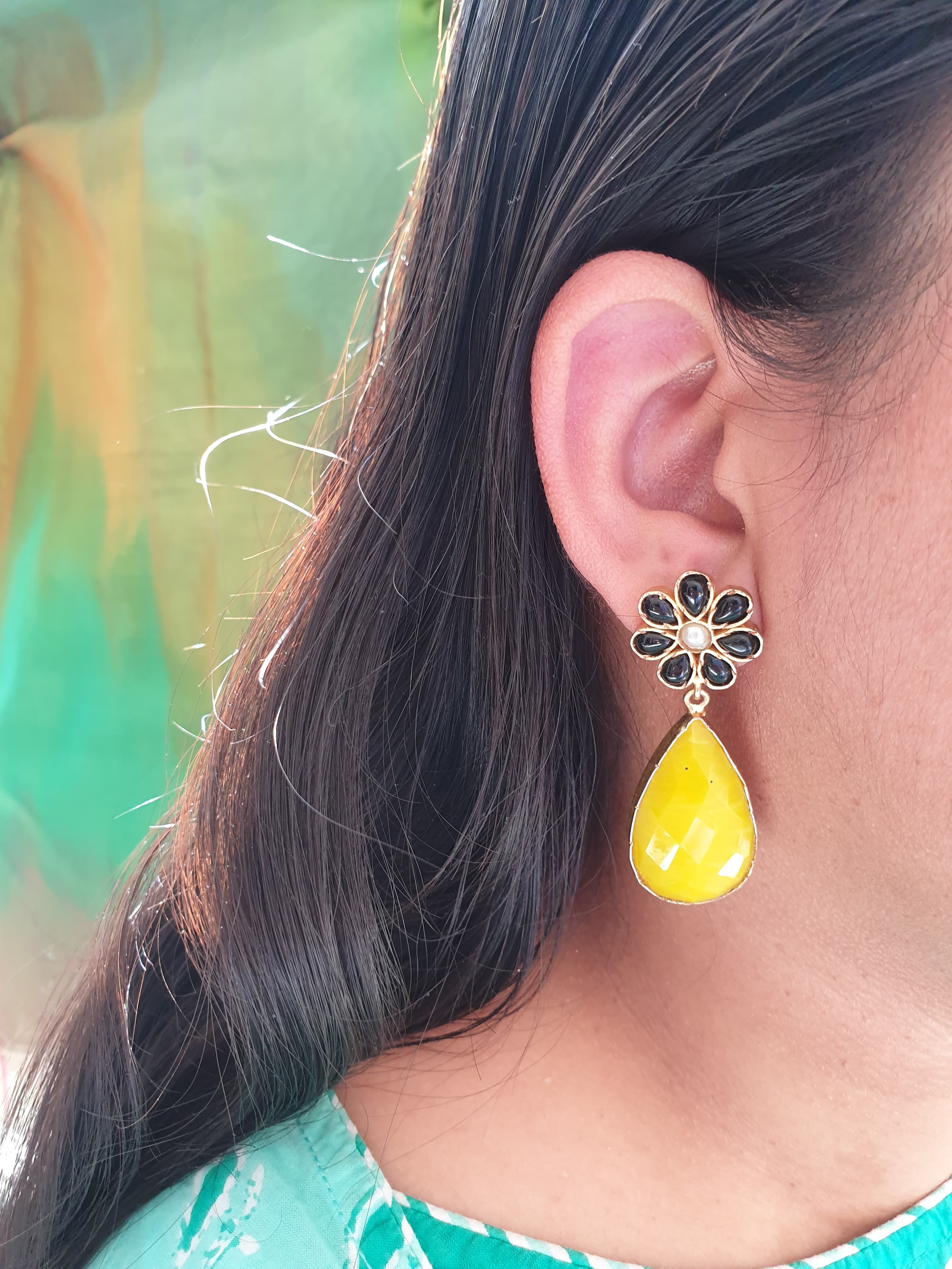 Yellow Stone Floral Drop Earrings