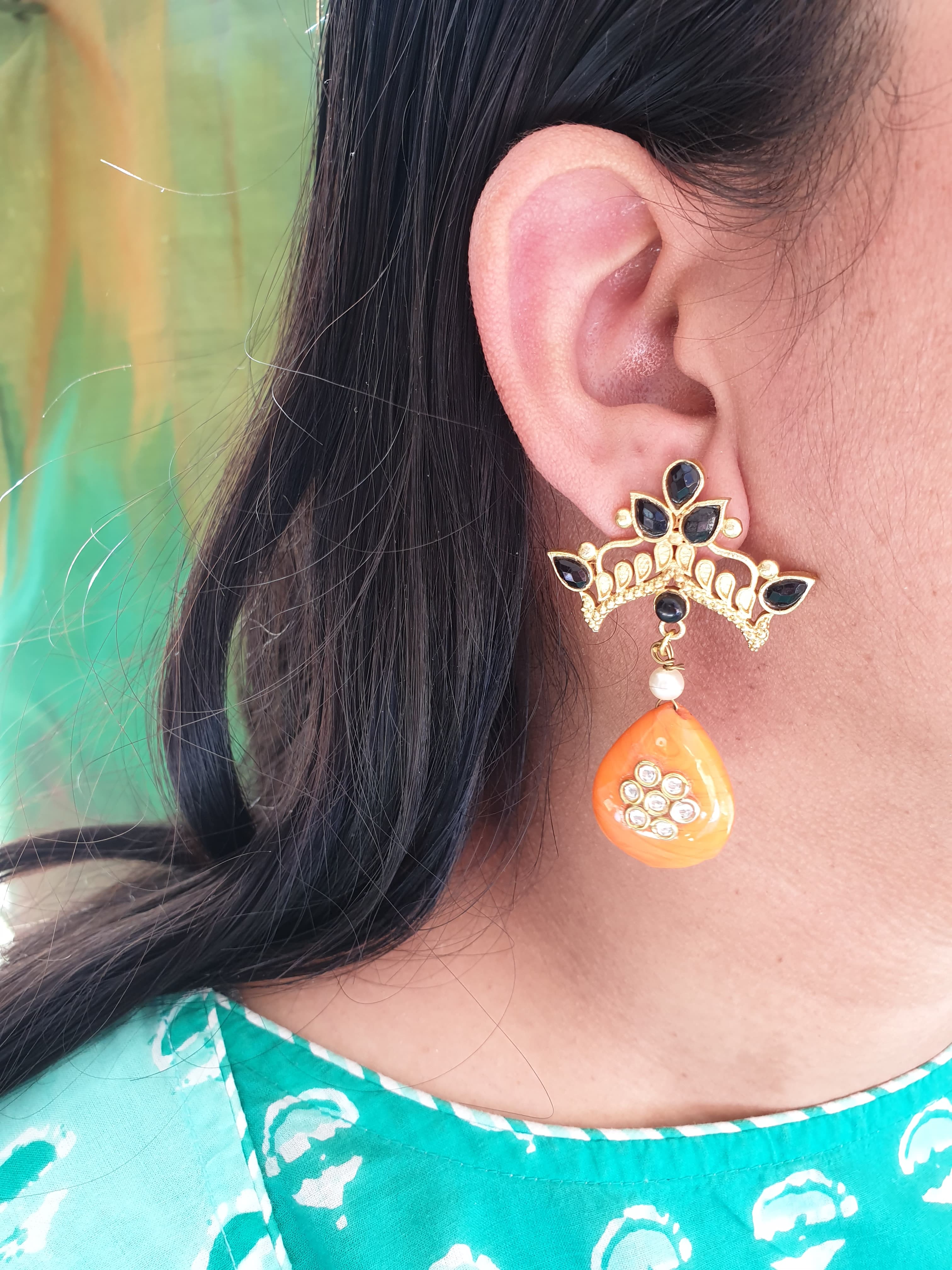 Orange Stone Gold Matte Drop Earrings