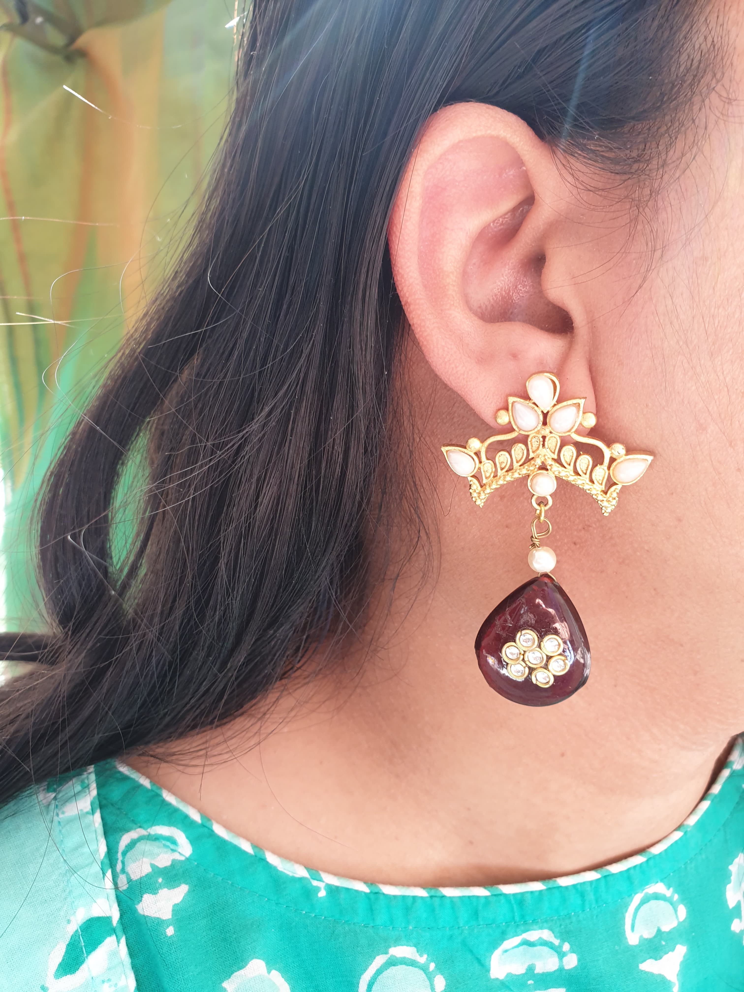 Maroon Stone Gold Matte Pearl Drop Earrings