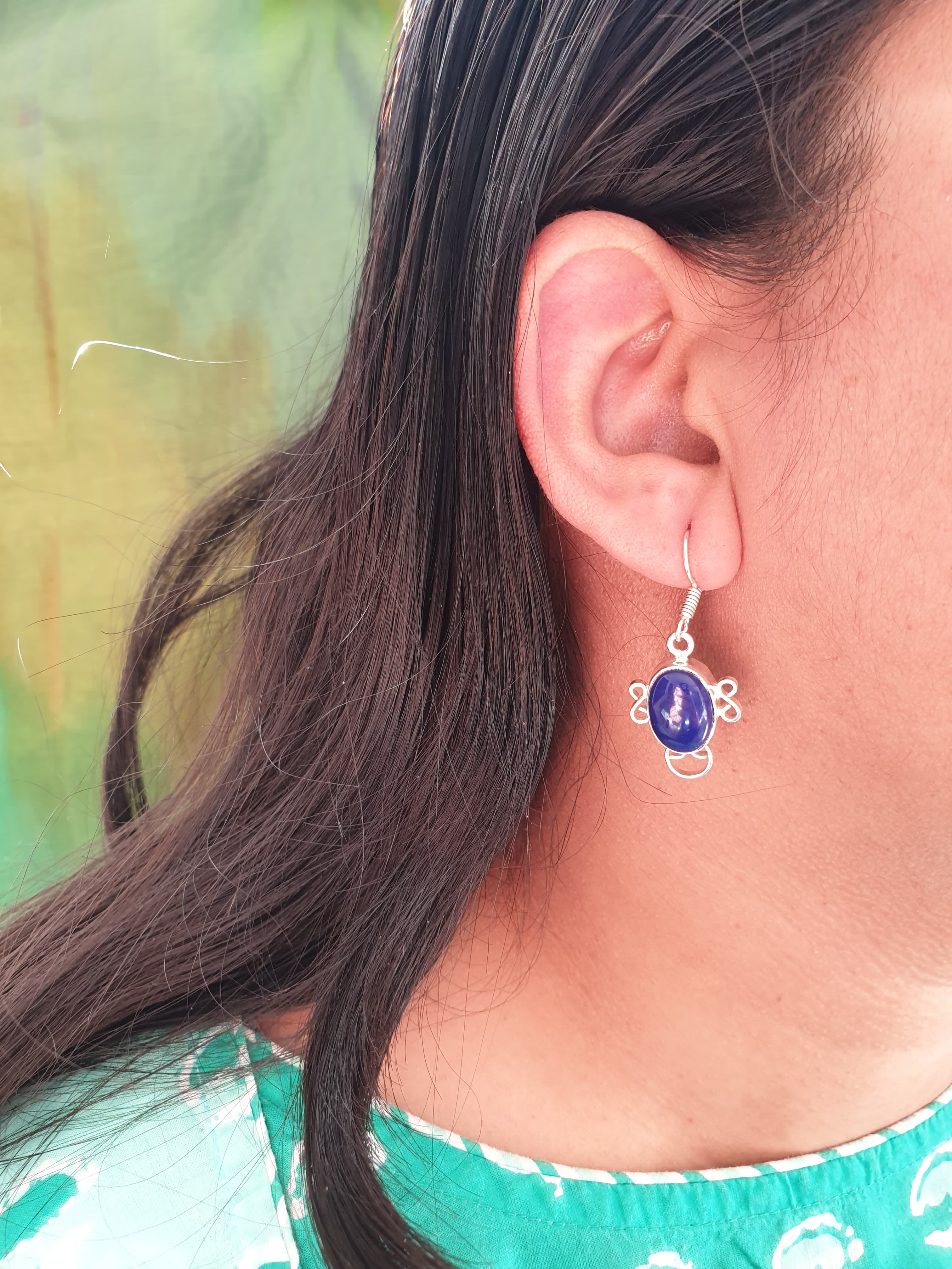 Dark Blue Stone Silver Oxidised Drop Earrings