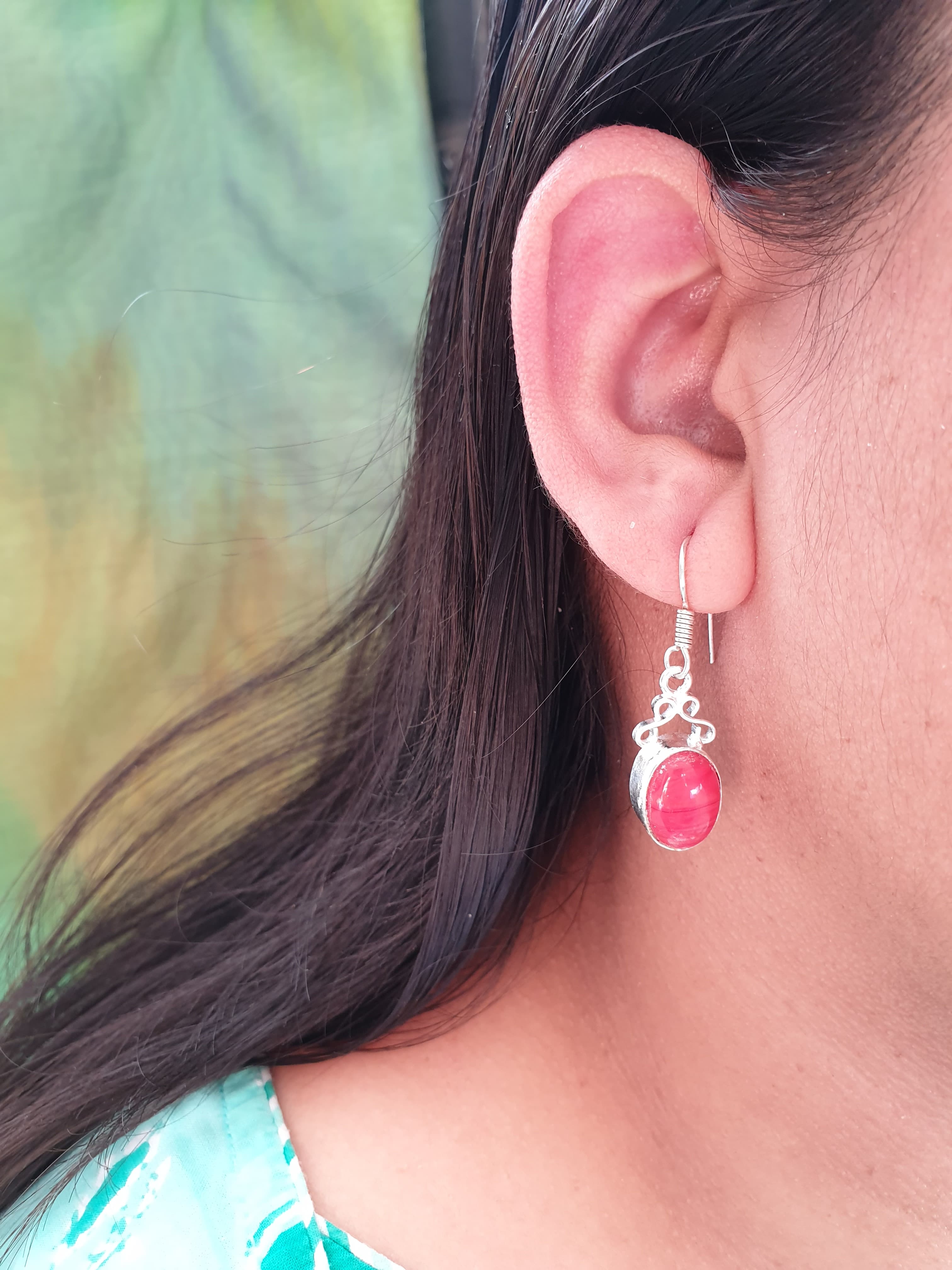 Red Stone Silver Oxidised Earrings