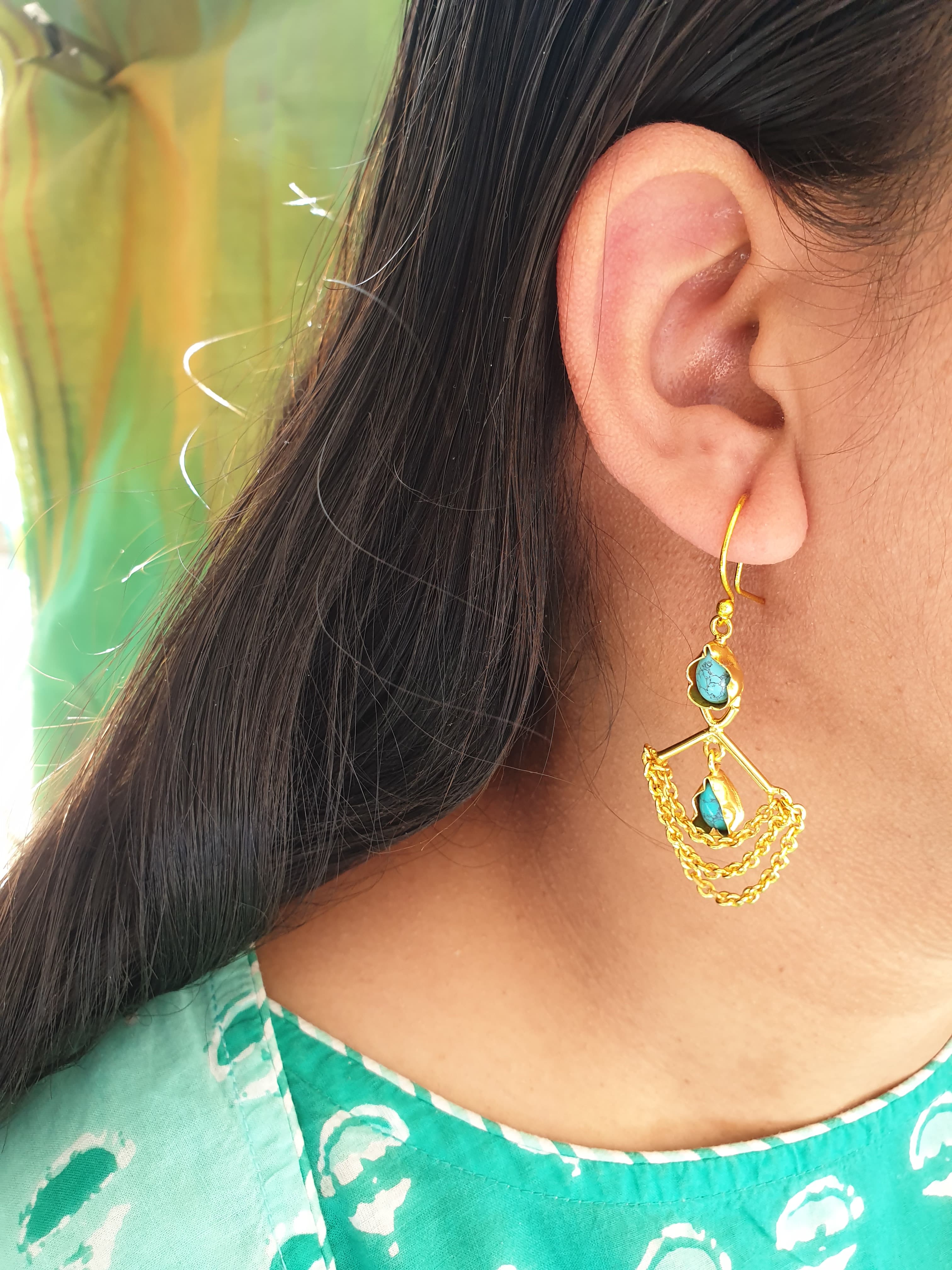 Turquoise Stone Gold Matte Drop Earrings