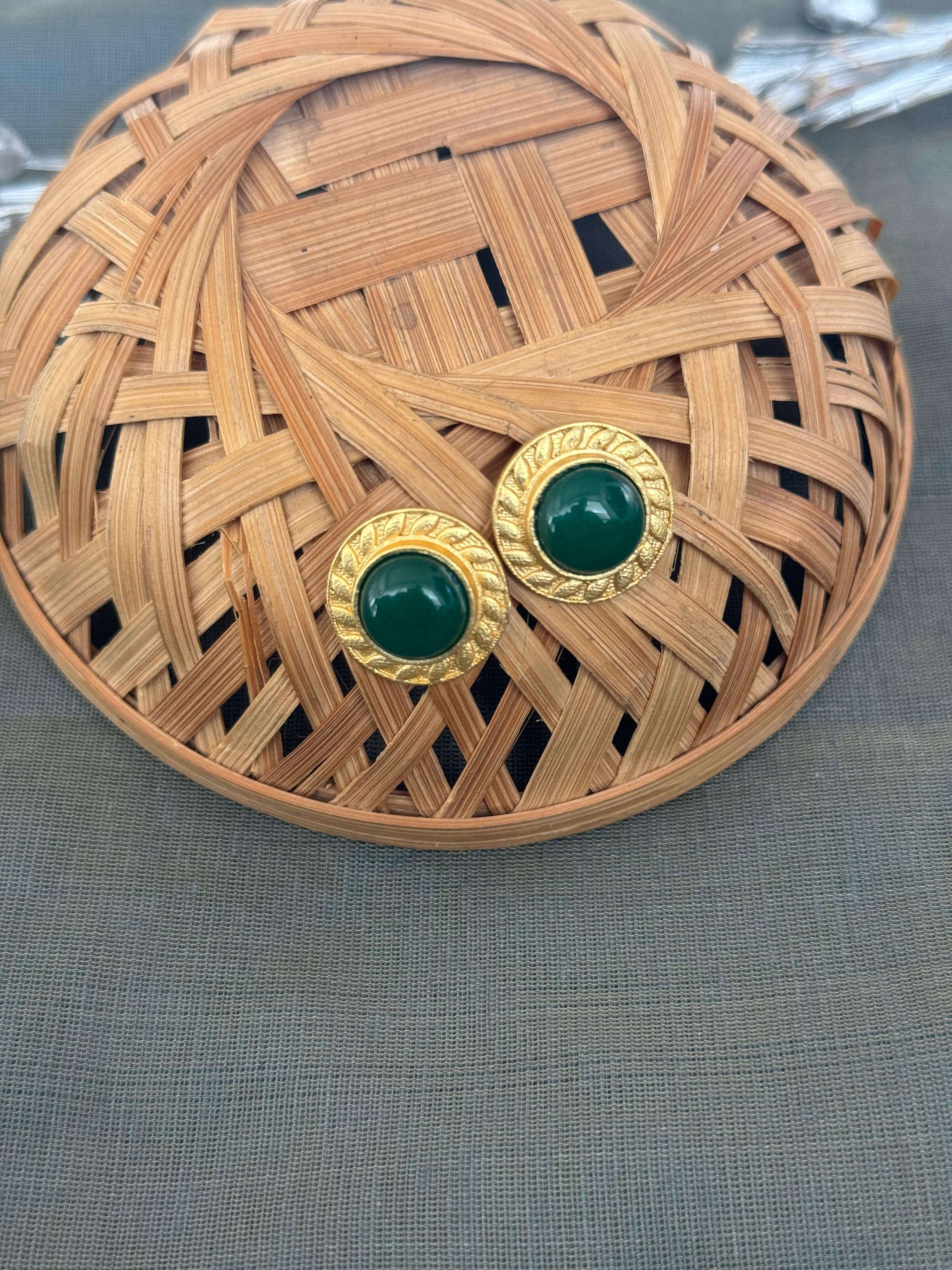 Green Round Gold Matte Stud Earrings