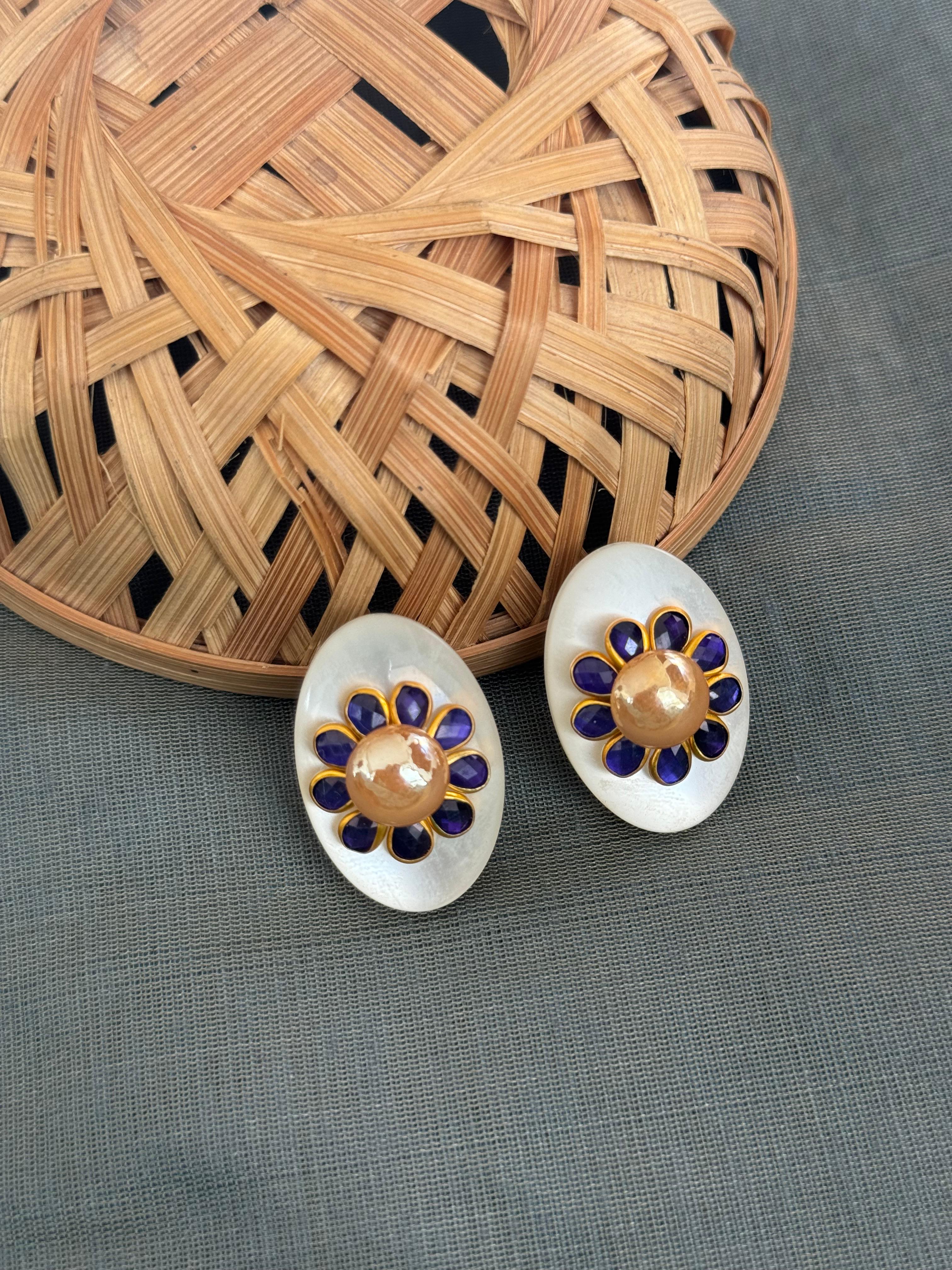 Dark Blue Paachi Kundan Pearl Stud Earrings